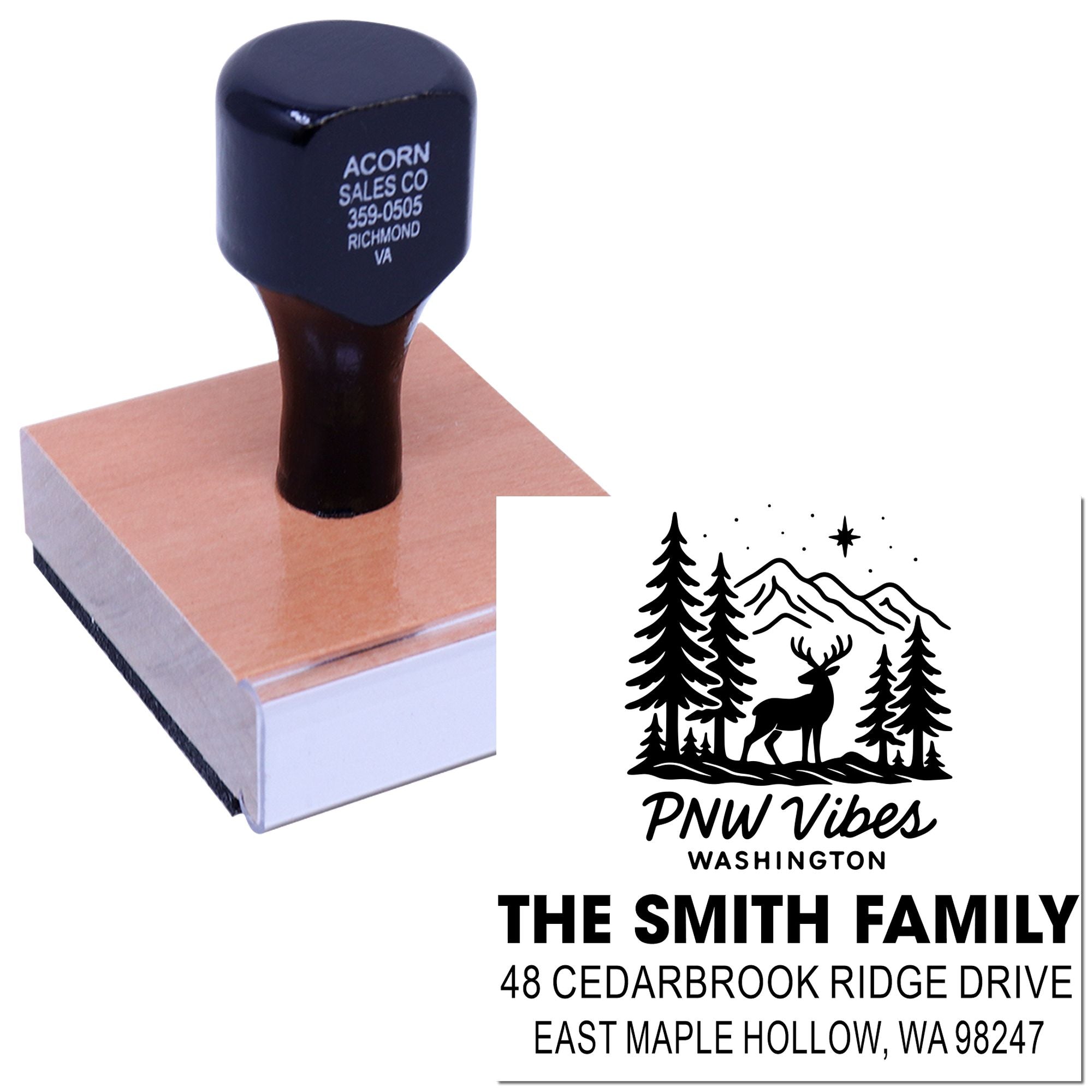 Custom self-inking return address stamp with PNW Vibes Washington design, on a white background, stamping The Smith Family address.