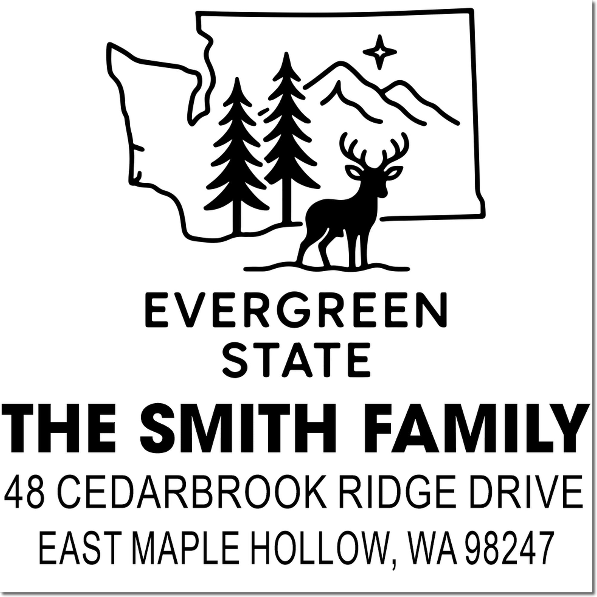 Custom Evergreen State return address stamp with deer, pine trees and mountains, featuring The Smith Family and East Maple Hollow, WA 98247.