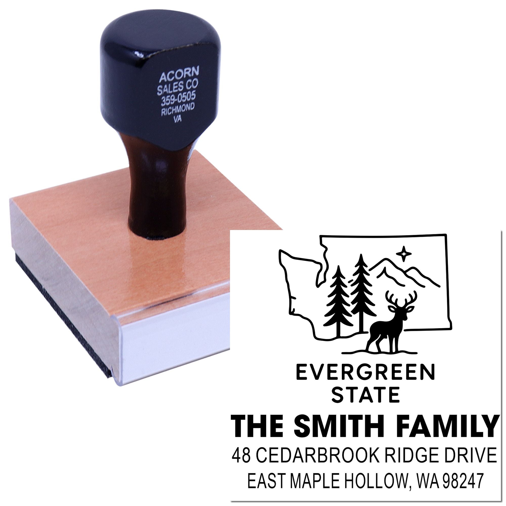 Custom self-inking address stamp with Evergreen State design, showing The Smith Family name and Washington address on a wooden mount.