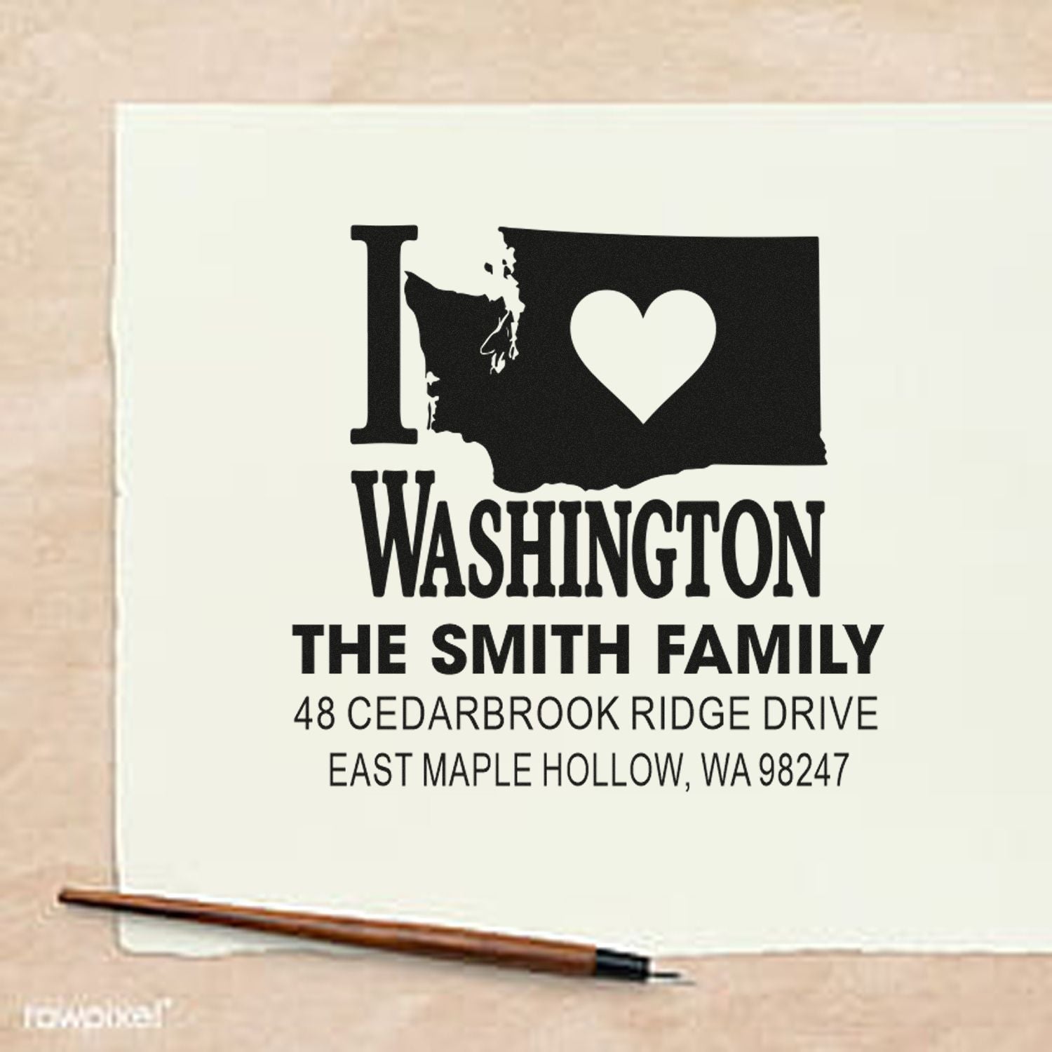 Personalized Washington rubber stamp with heart state design for The Smith Family, featuring East Maple Hollow address on white paper.