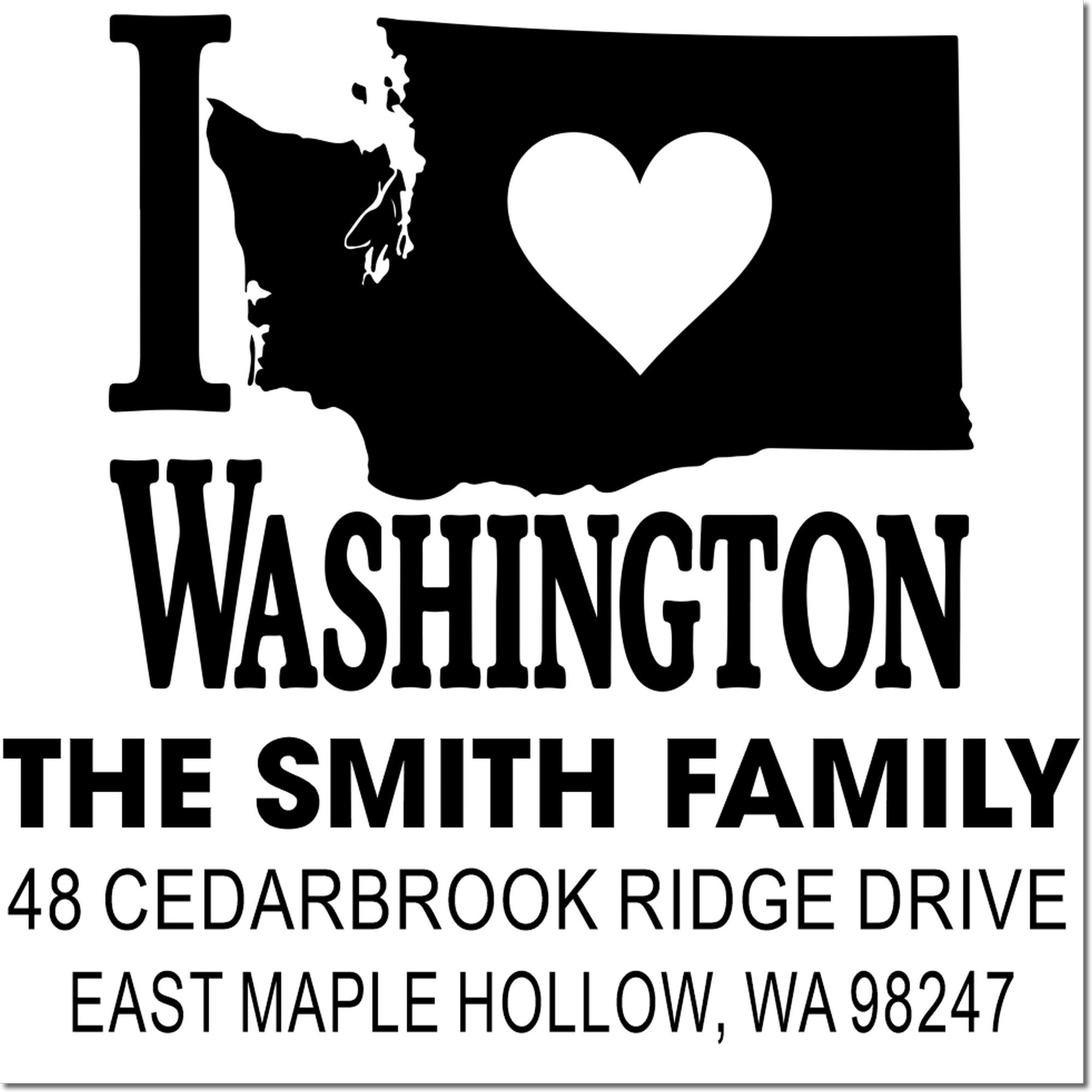 Custom return address stamp with Washington state silhouette and heart, featuring The Smith Family and East Maple Hollow, WA 98247.