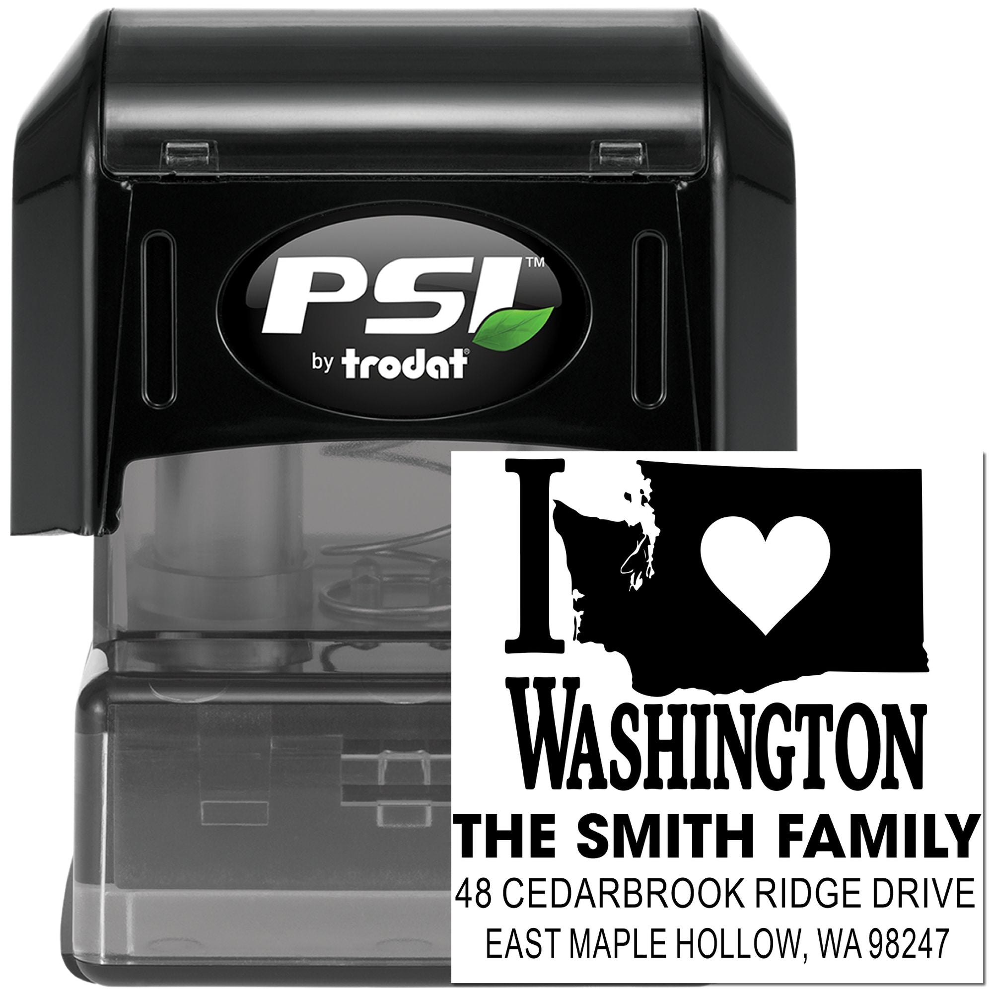 Black PSI by trodat self-inking address stamp with custom I Love Washington design, family name, and mailing address on a white background.