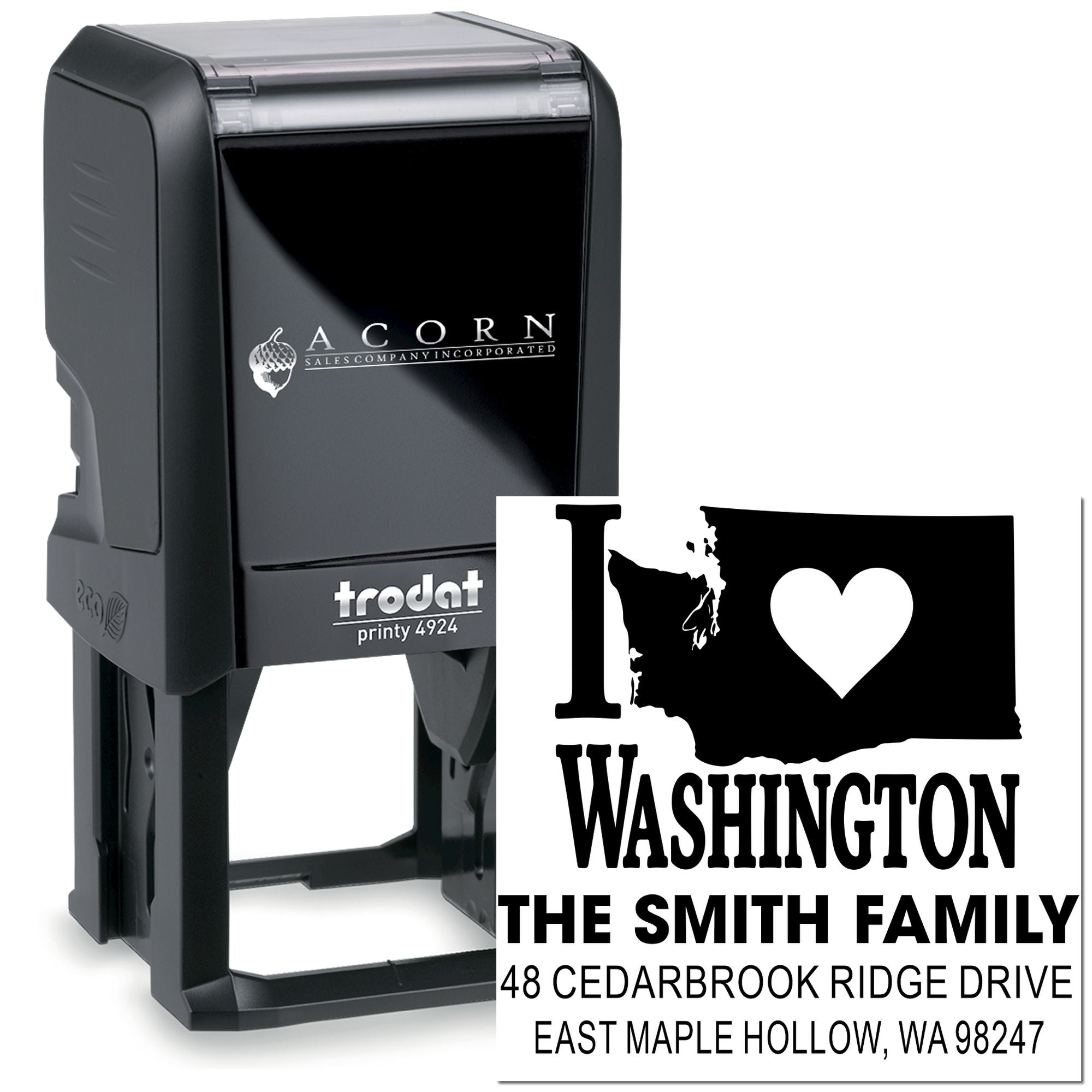 Custom self-inking stamp with Washington state design and Smith family address, shown beside a black Trodat stamp case on a white background.