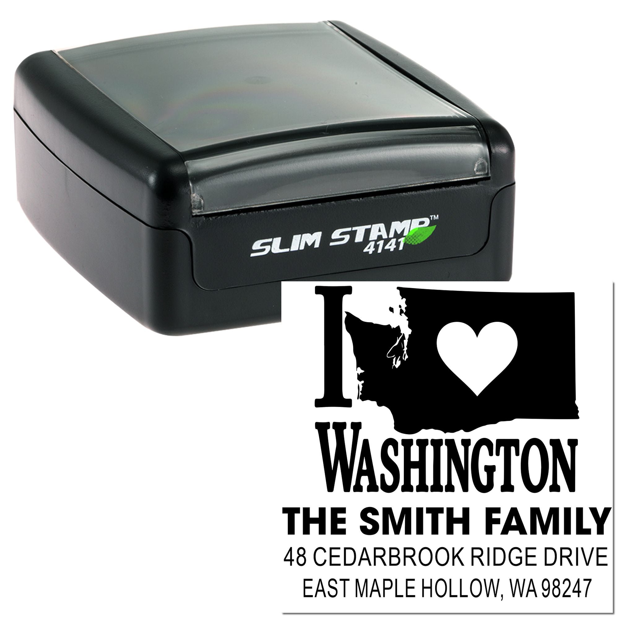 Custom self-inking stamp with I heart Washington design, family name and address, shown with black Slim Stamp 4141 case on white background.