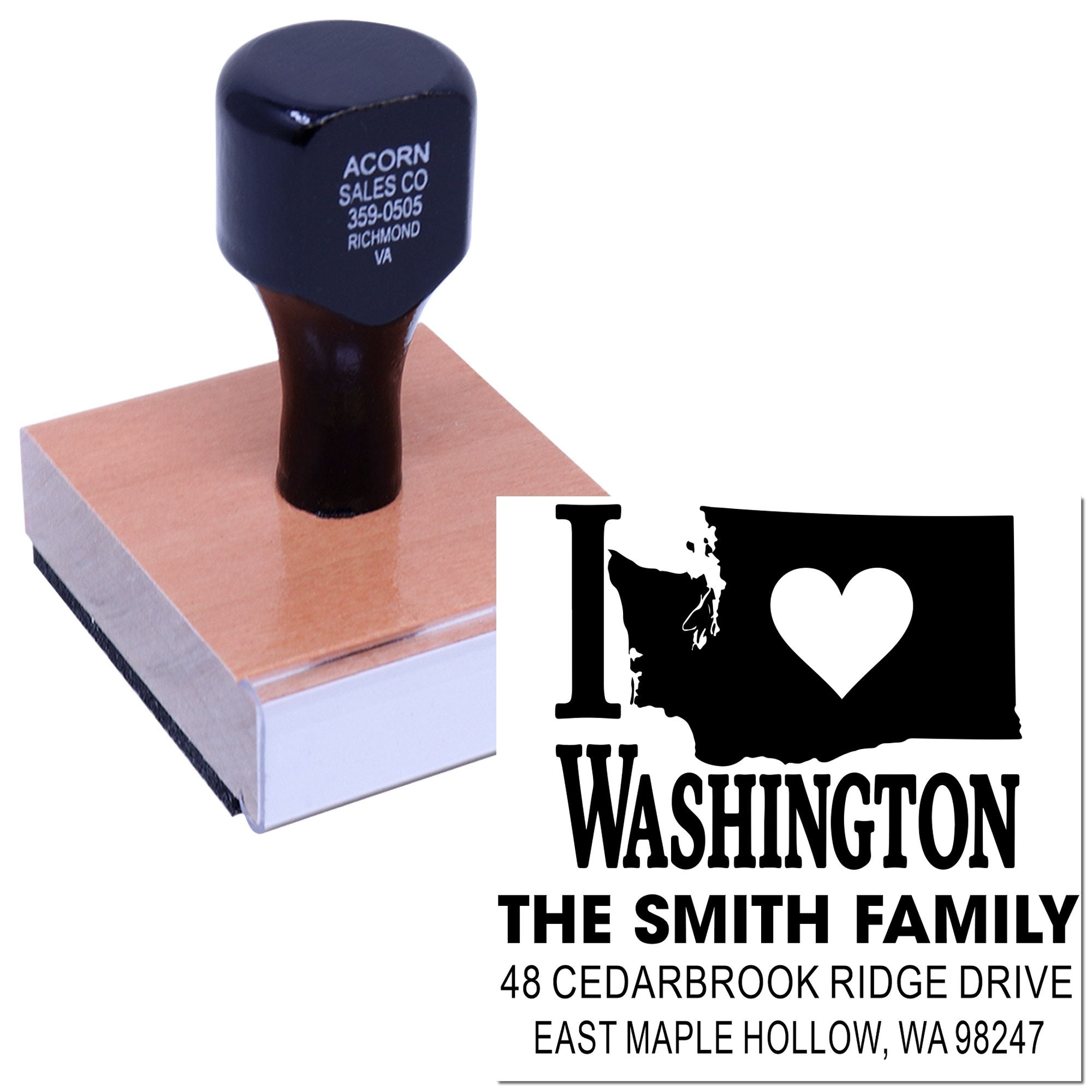 Custom self-inking rubber stamp featuring I ? Washington, family name, and address on a white background.
