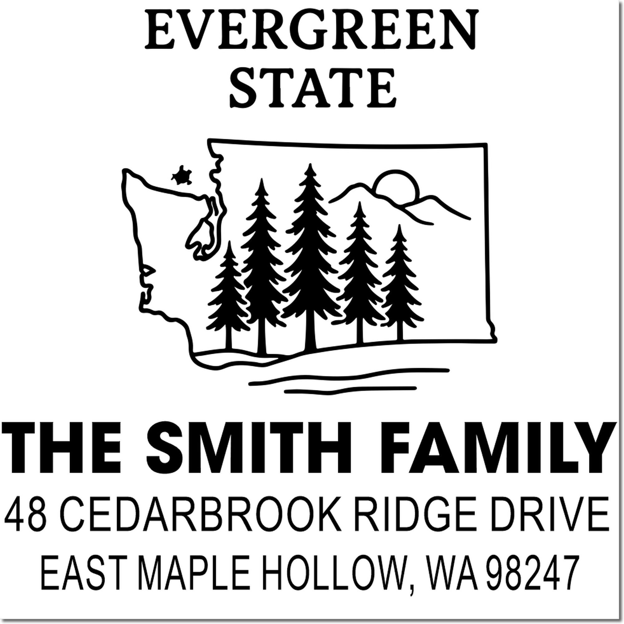 Custom return address stamp featuring Washington outline, pine trees and mountains for The Smith Family in East Maple Hollow, WA.