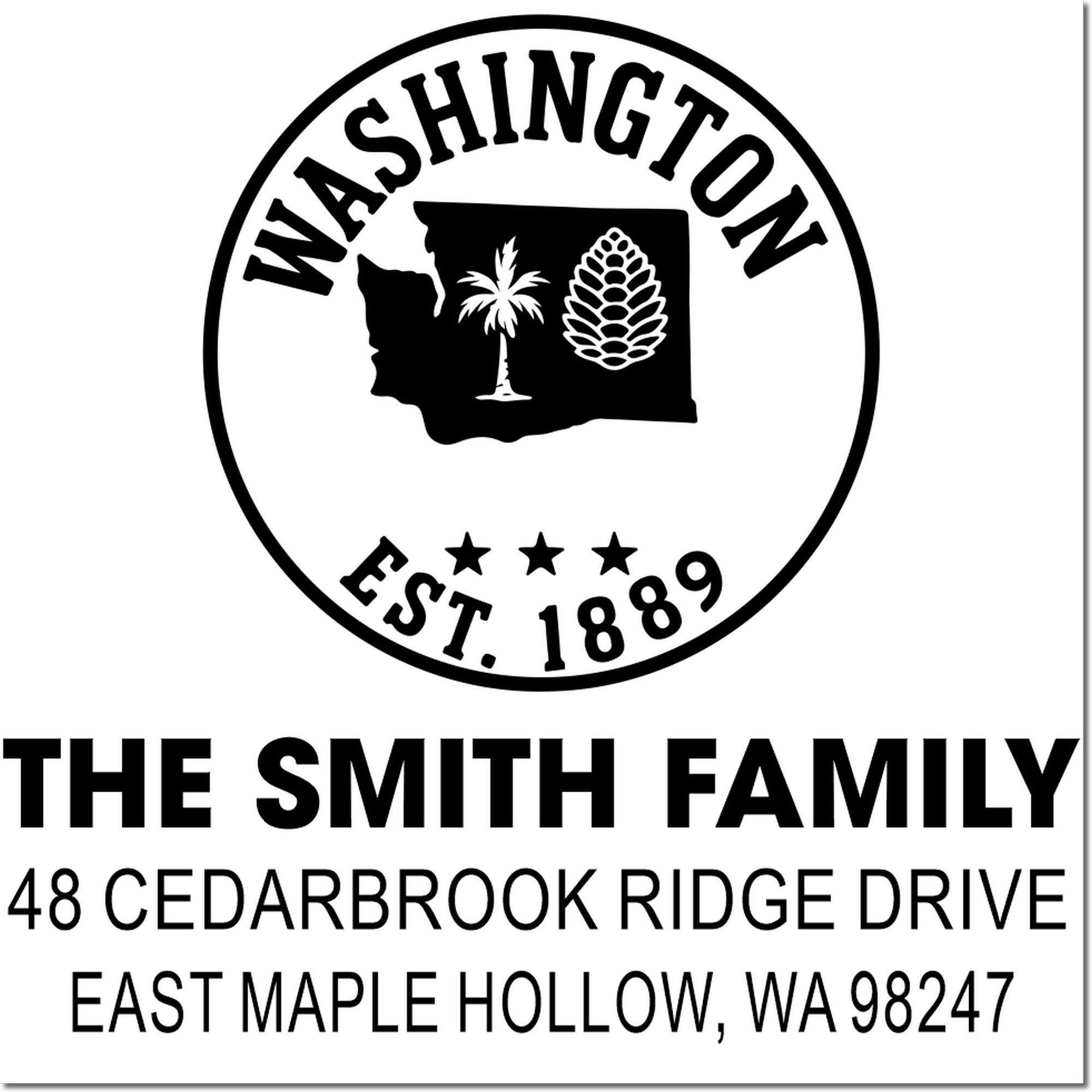 Custom Washington return address stamp with state seal, The Smith Family, 48 Cedarbrook Ridge Drive, East Maple Hollow, WA 98247.
