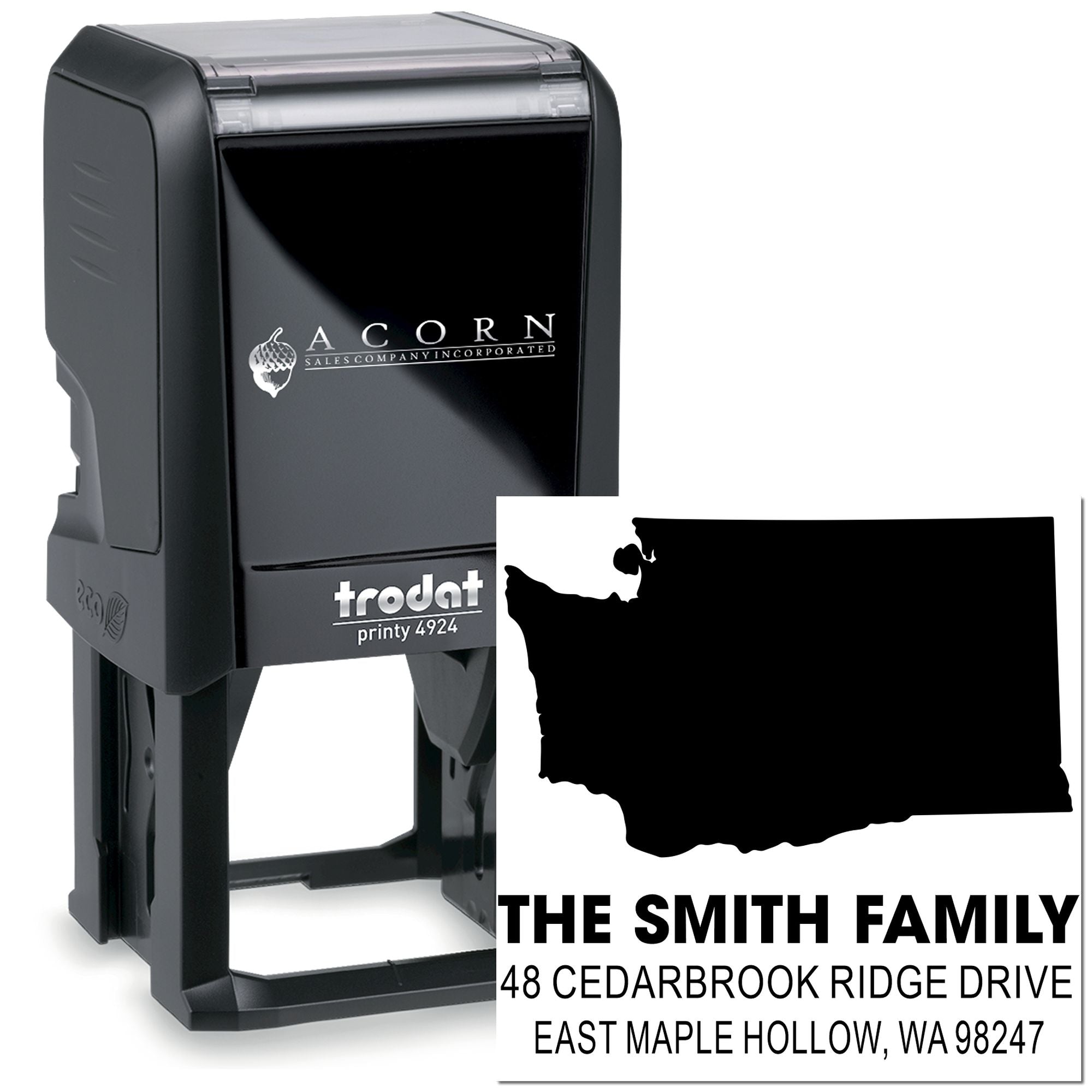 Custom self-inking address stamp with black Trodat Printy 4924 and personalized return address for The Smith Family on white background