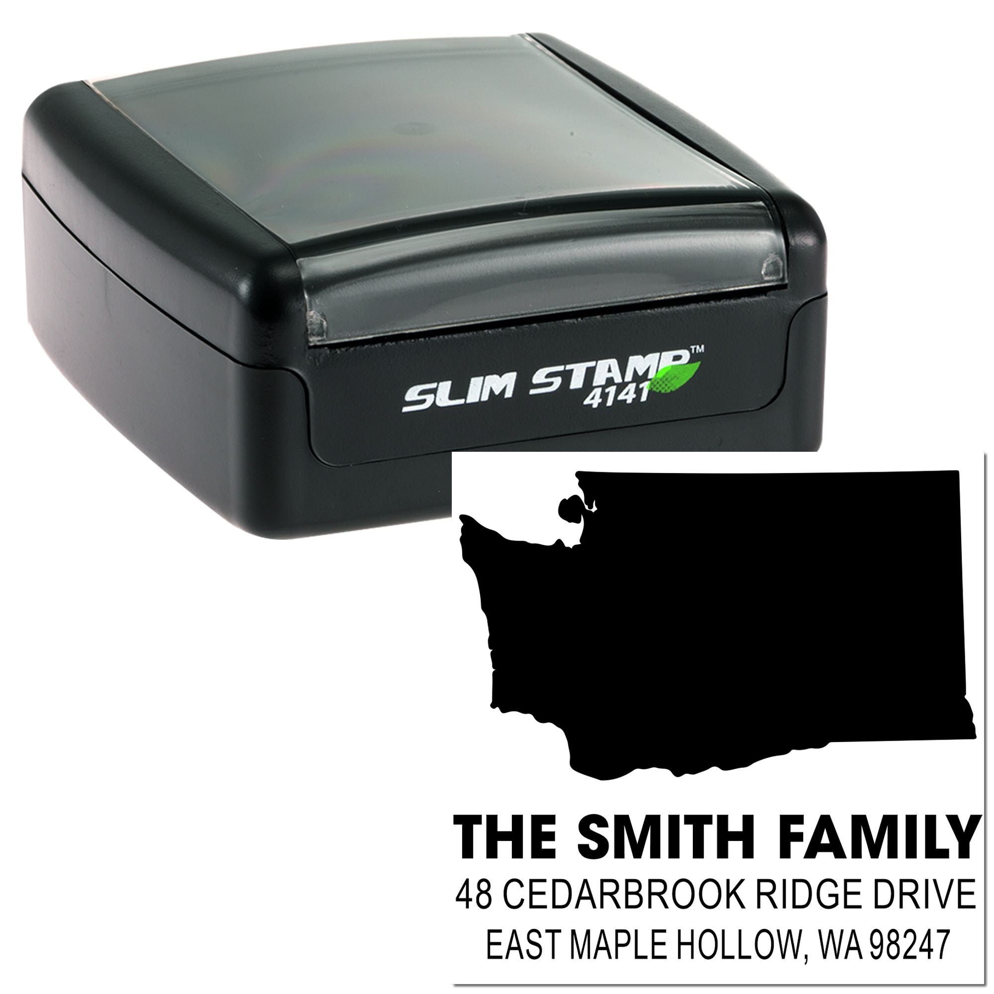 Custom self-inking Slim Stamp 4141 with sample imprint showing Washington state silhouette and The Smith Family address on a white background.