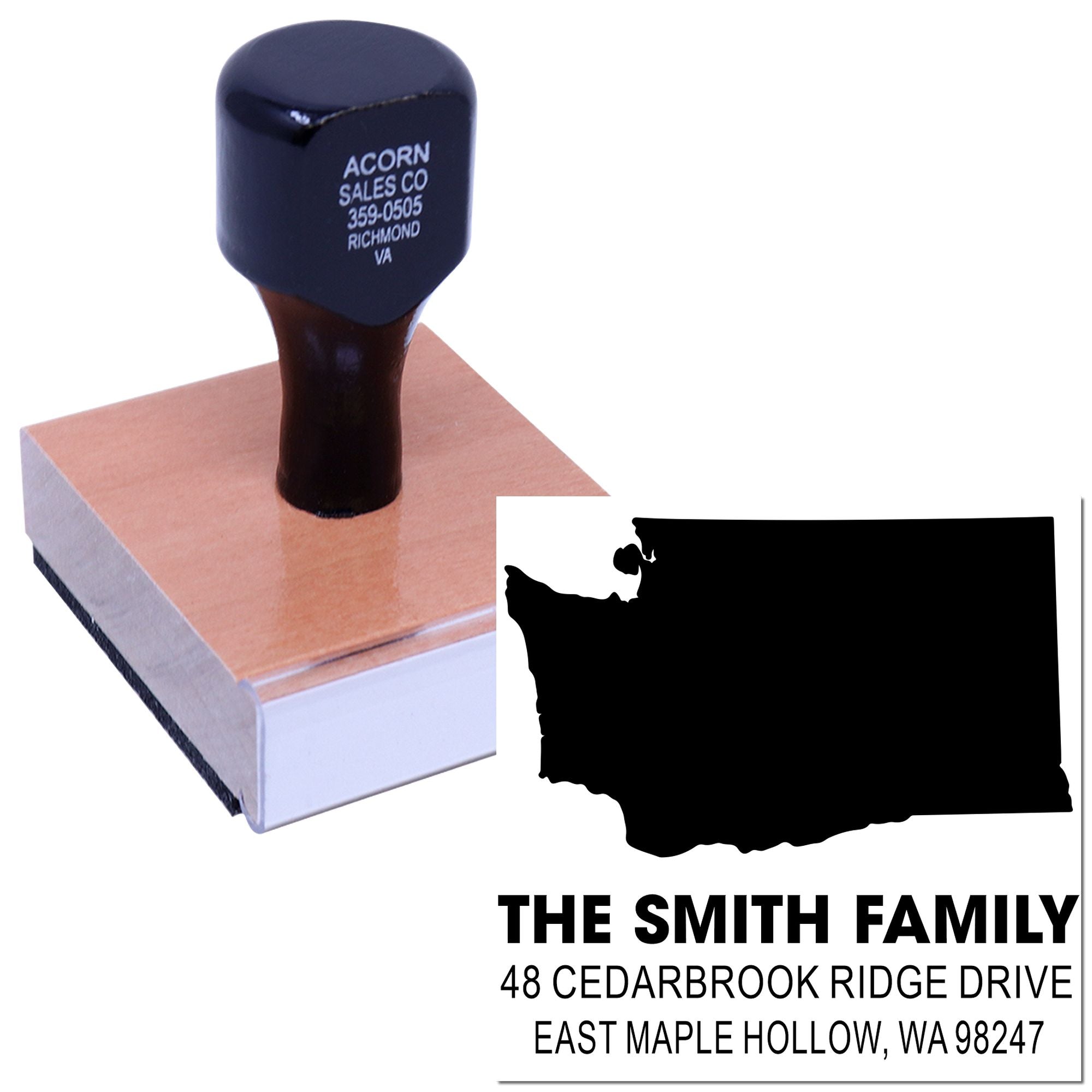 Custom rubber address stamp with wooden handle, showing The Smith Family, Washington state silhouette, and return address on a white background.