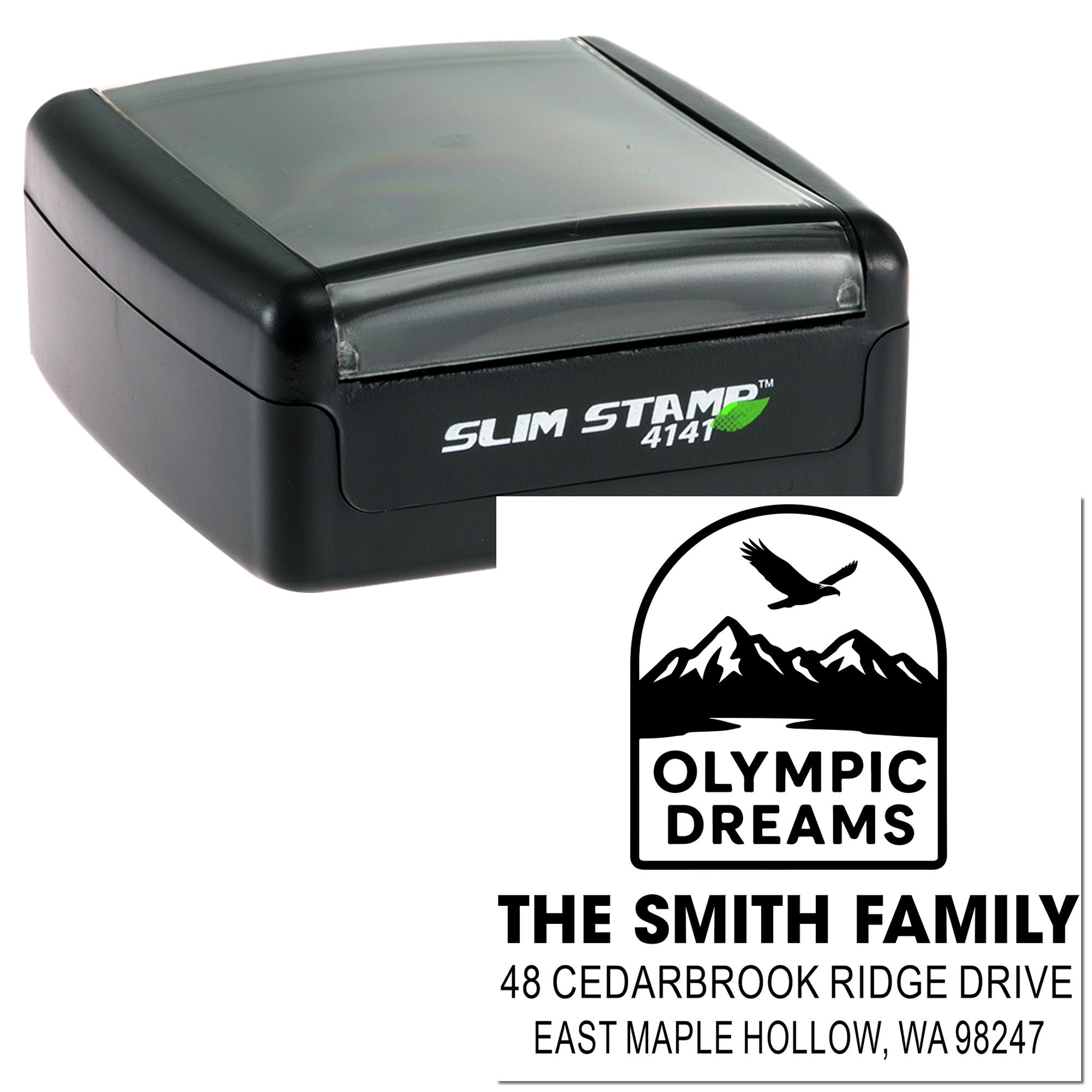 Custom Slim Stamp 4141 with Olympic Dreams return address design, showing mountain and eagle logo, The Smith Family name, and East Maple Hollow address.