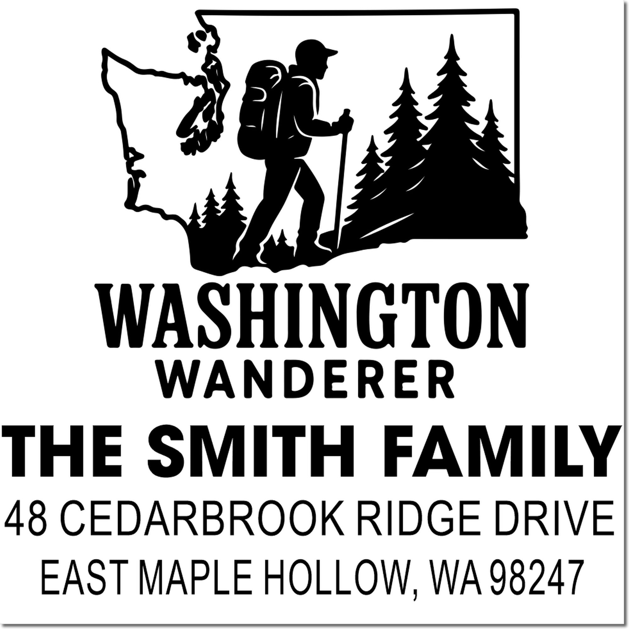 Custom Washington Wanderer address stamp with hiker, pine trees, state outline, and The Smith Family address in East Maple Hollow, WA 98247.