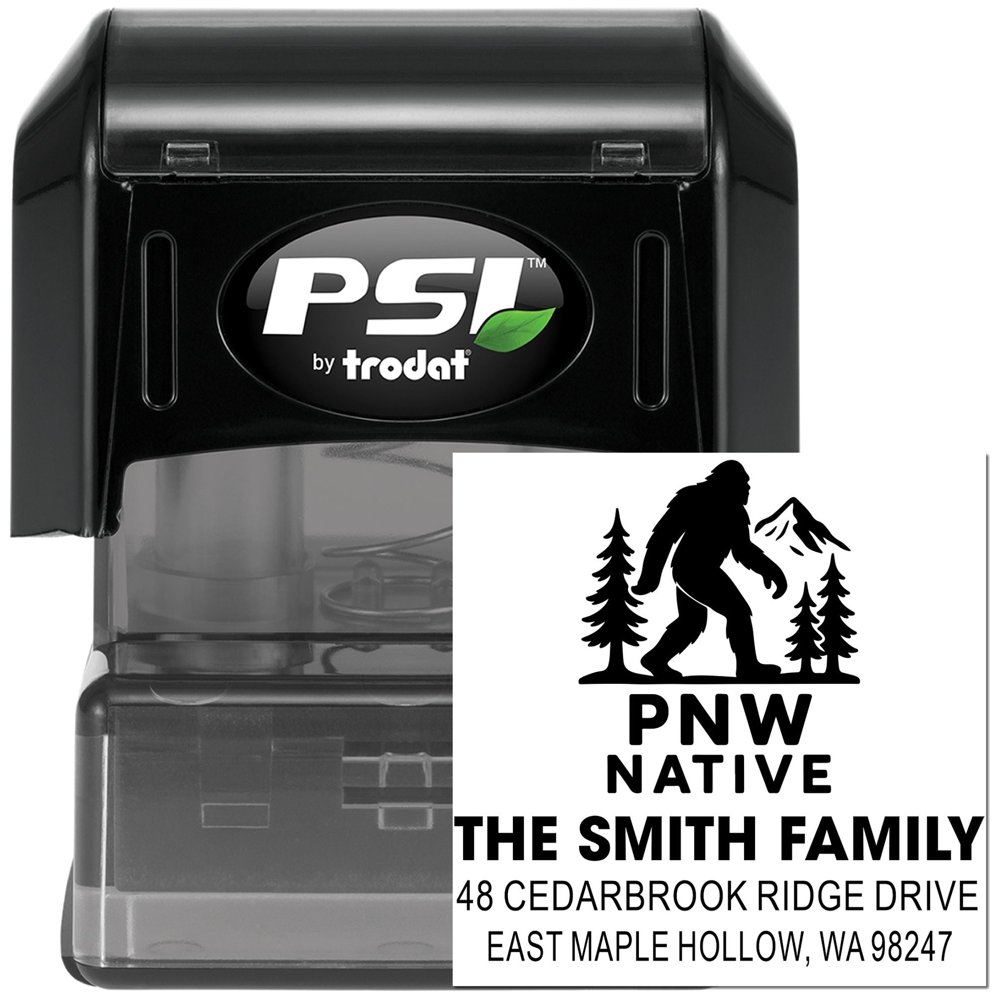 PSI by Trodat self-inking address stamp with PNW Native Bigfoot design, trees and mountains, customized for The Smith Family in East Maple Hollow, WA.