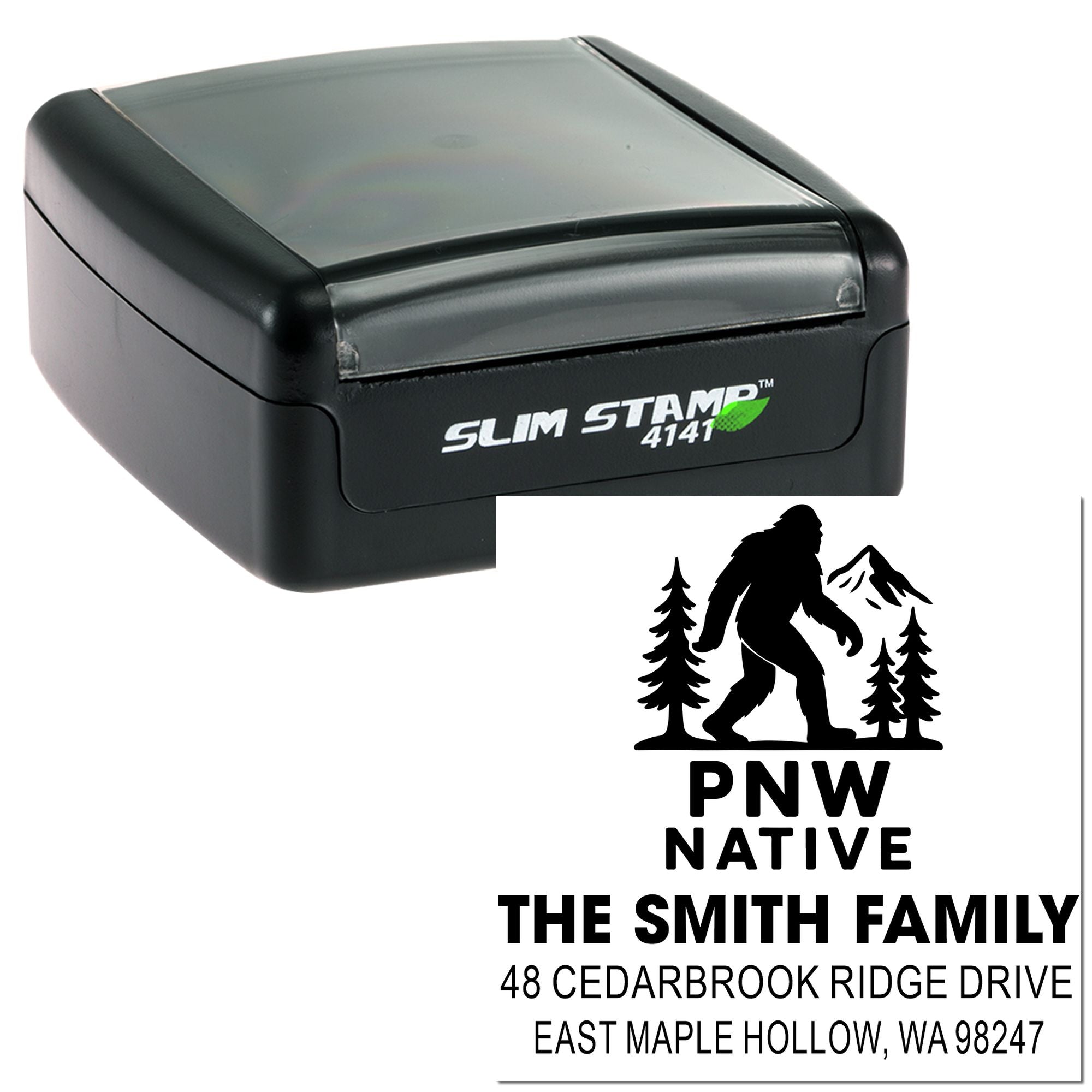 Custom self-inking Slim Stamp 4141 with PNW Native Bigfoot design and Smith family address block on a white background.