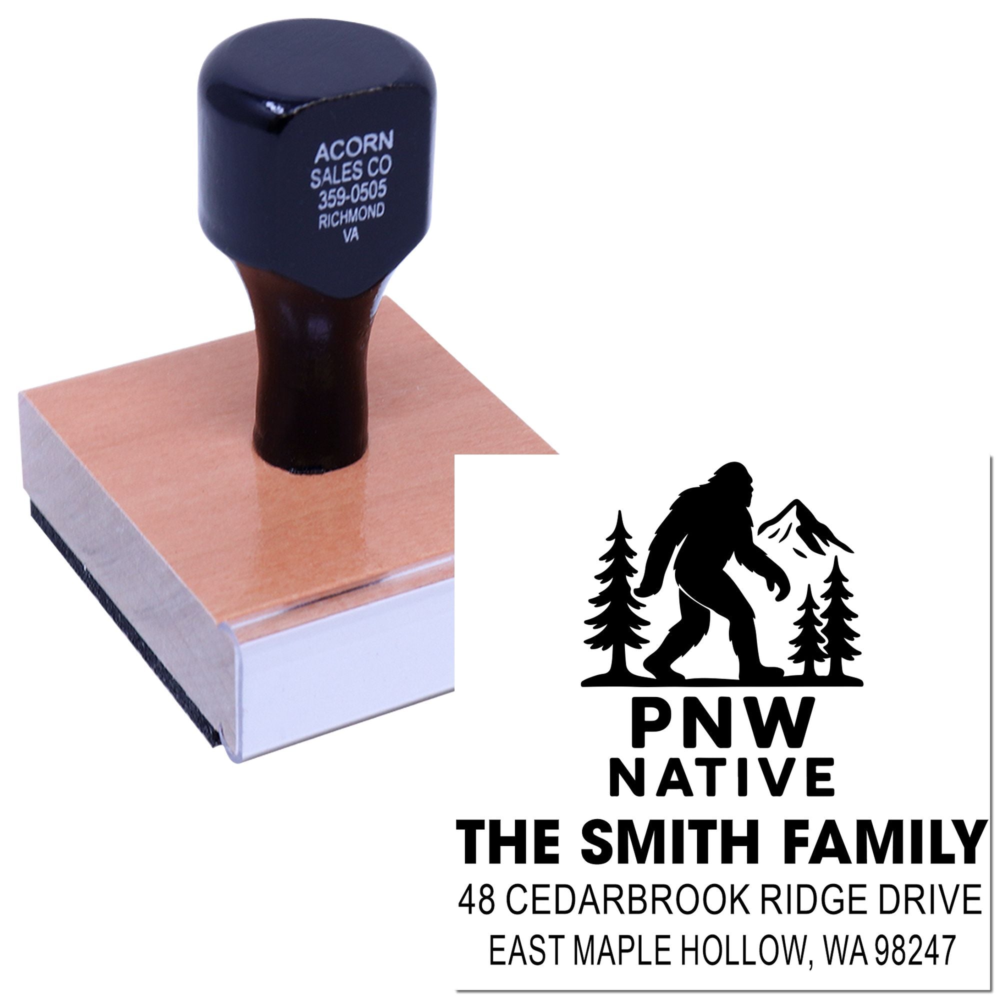 Custom wooden rubber stamp with PNW Native bigfoot design and Smith family address imprint on a white background.