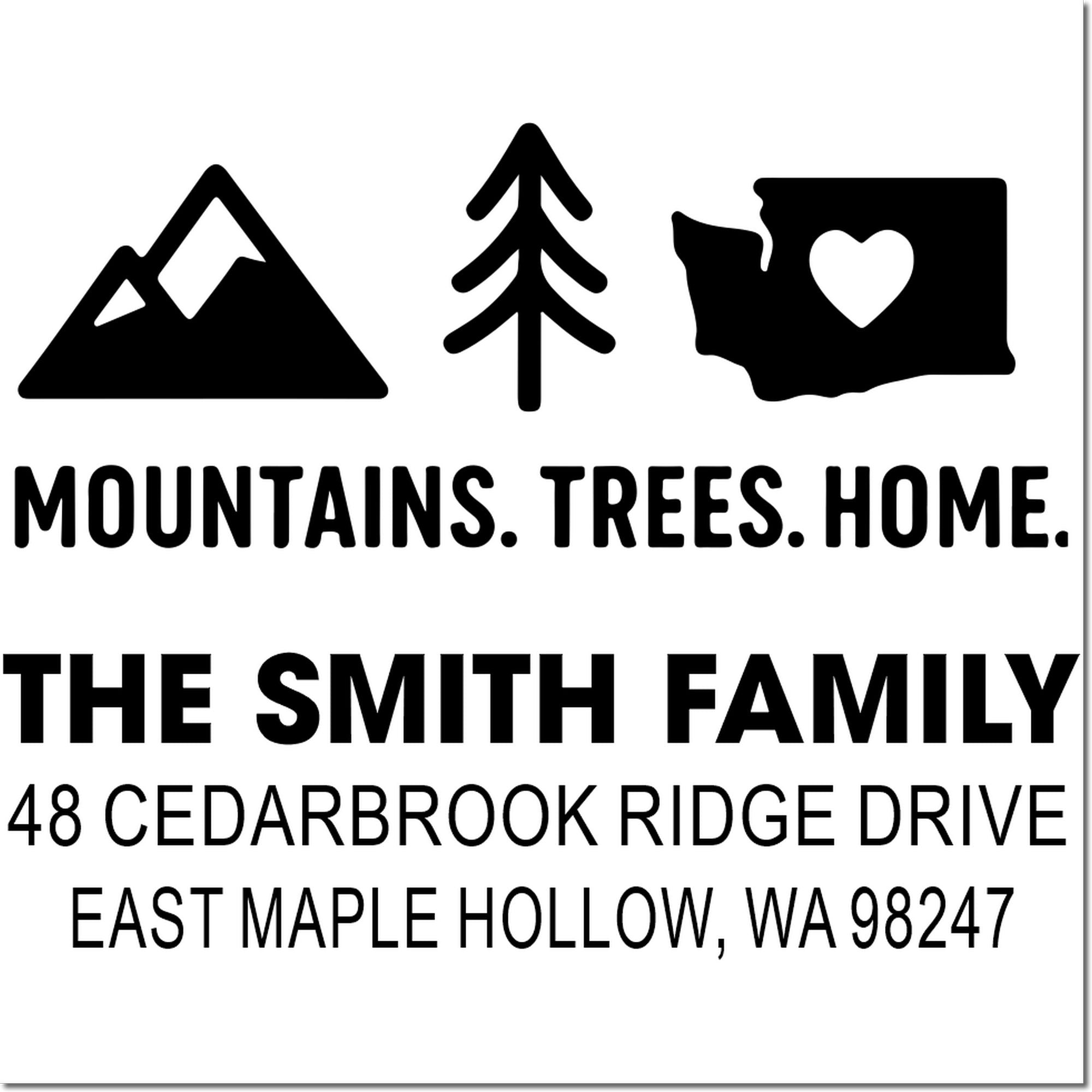Custom address stamp with mountain, tree and home icons for The Smith Family, East Maple Hollow, WA 98247.
