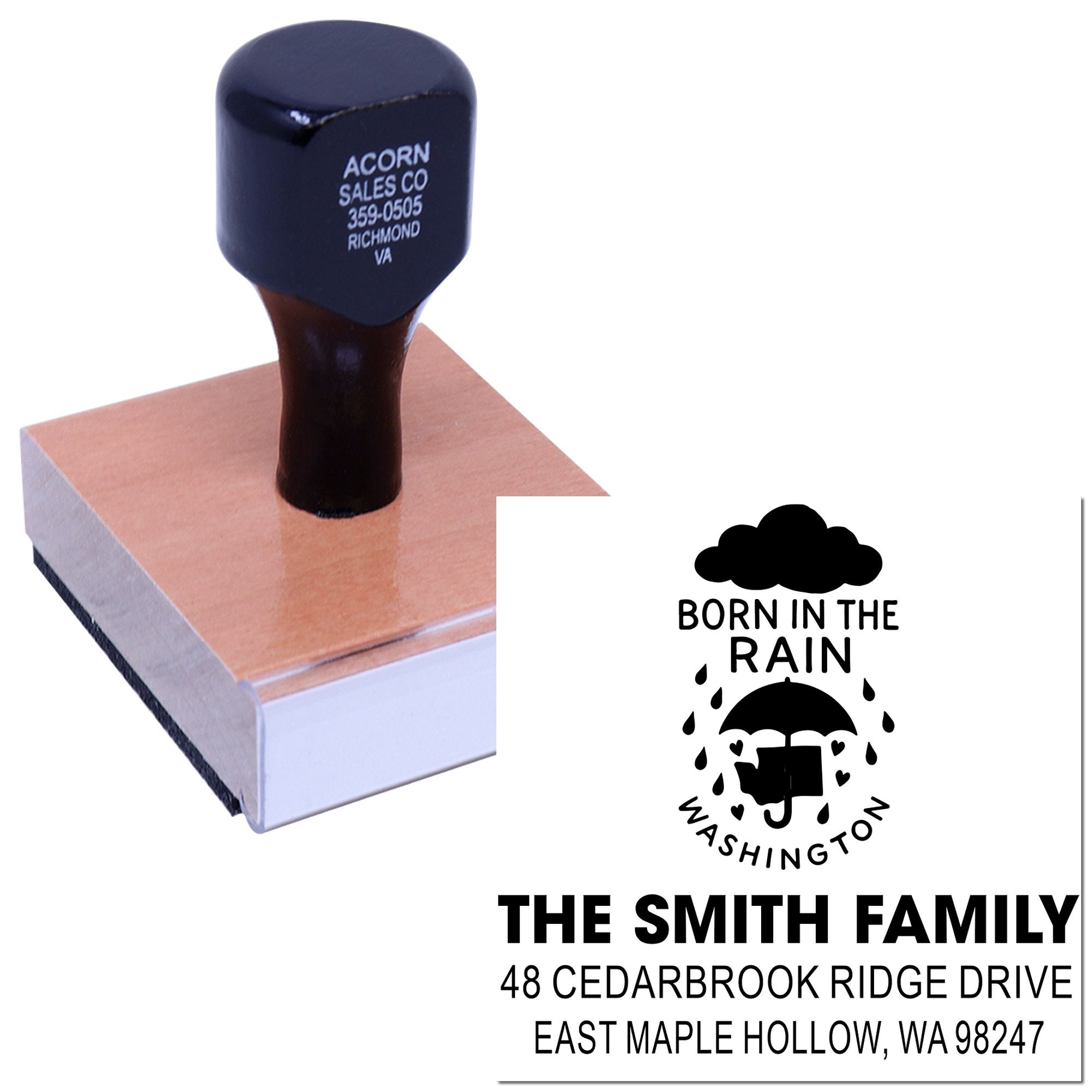 Custom rubber address stamp on a wooden block, showing a Born in the Rain family logo and return address imprint on a white background.