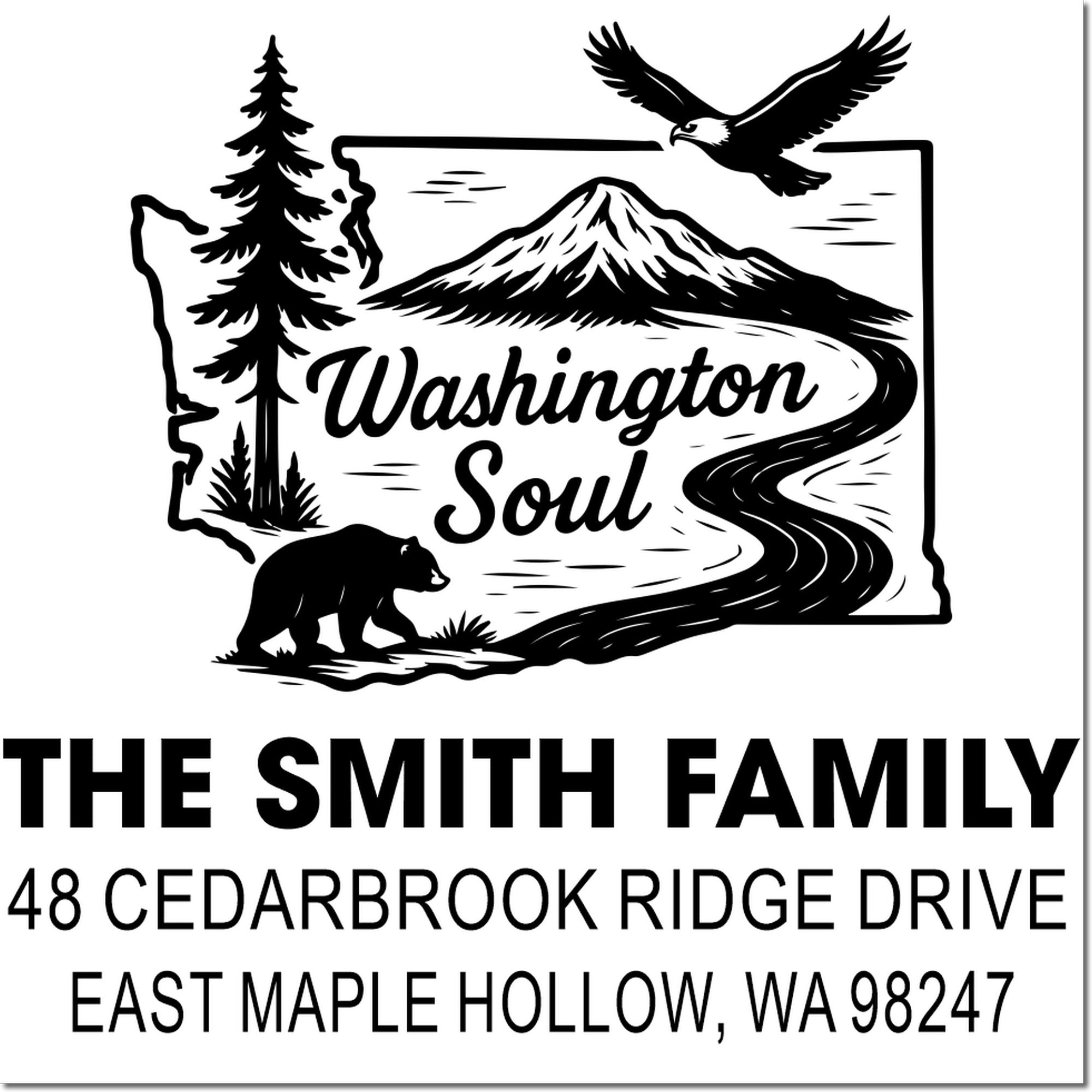 Custom Washington Soul return address stamp with mountain, eagle, bear, trees, river, and Smith family address in East Maple Hollow, WA.