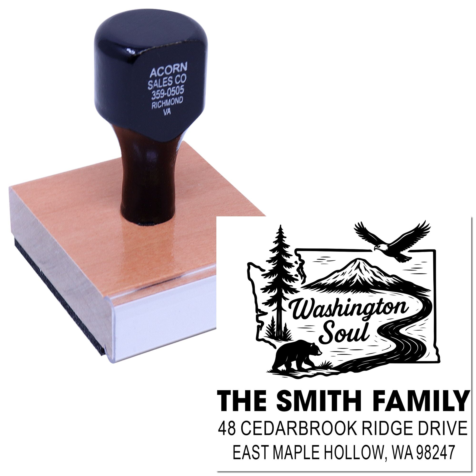 Custom self-inking address stamp in use on paper, with Washington Soul design and The Smith Family, East Maple Hollow, WA.