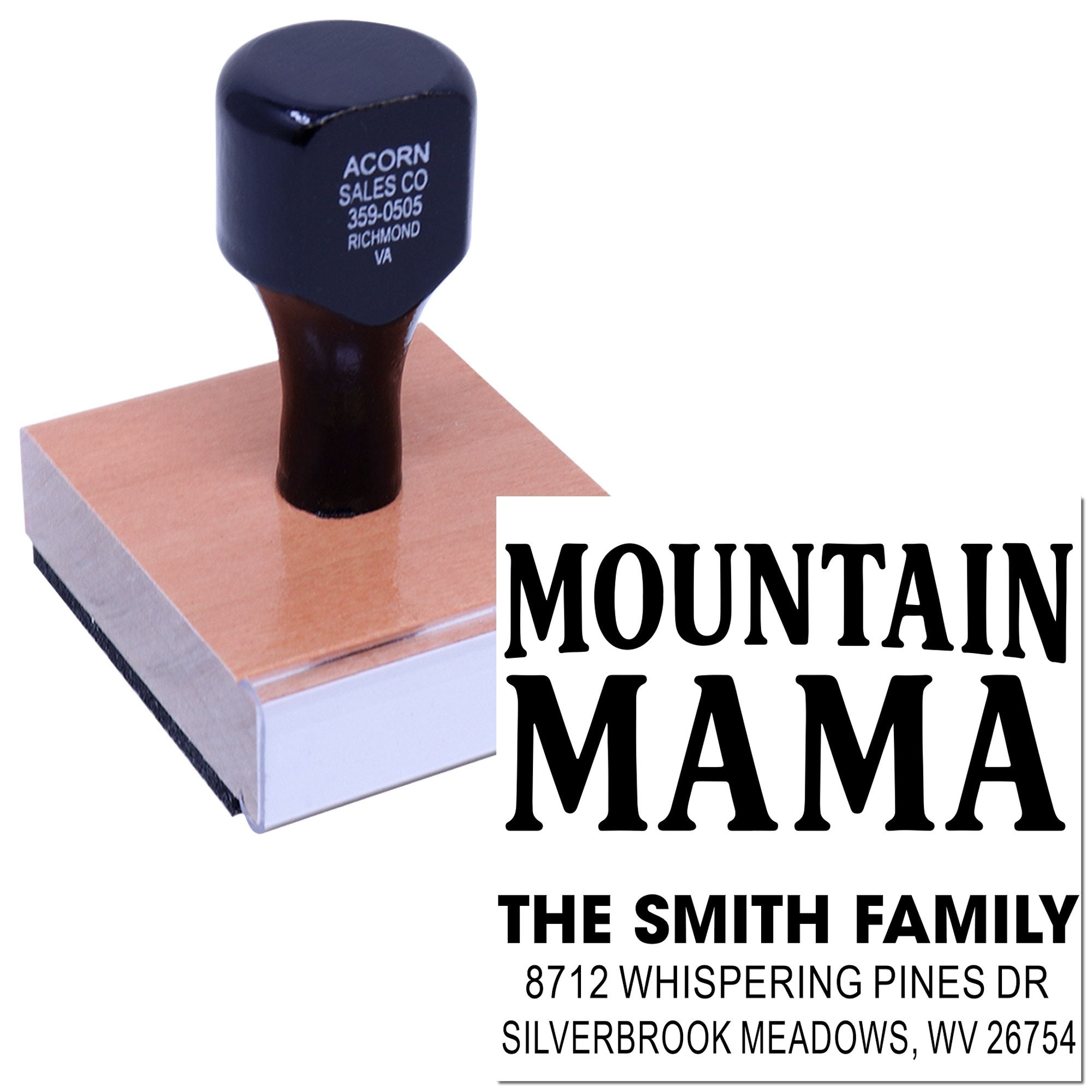 Personalized family return address rubber stamp with Mountain Mama text and West Virginia address, shown on a wooden stamp block against white background.