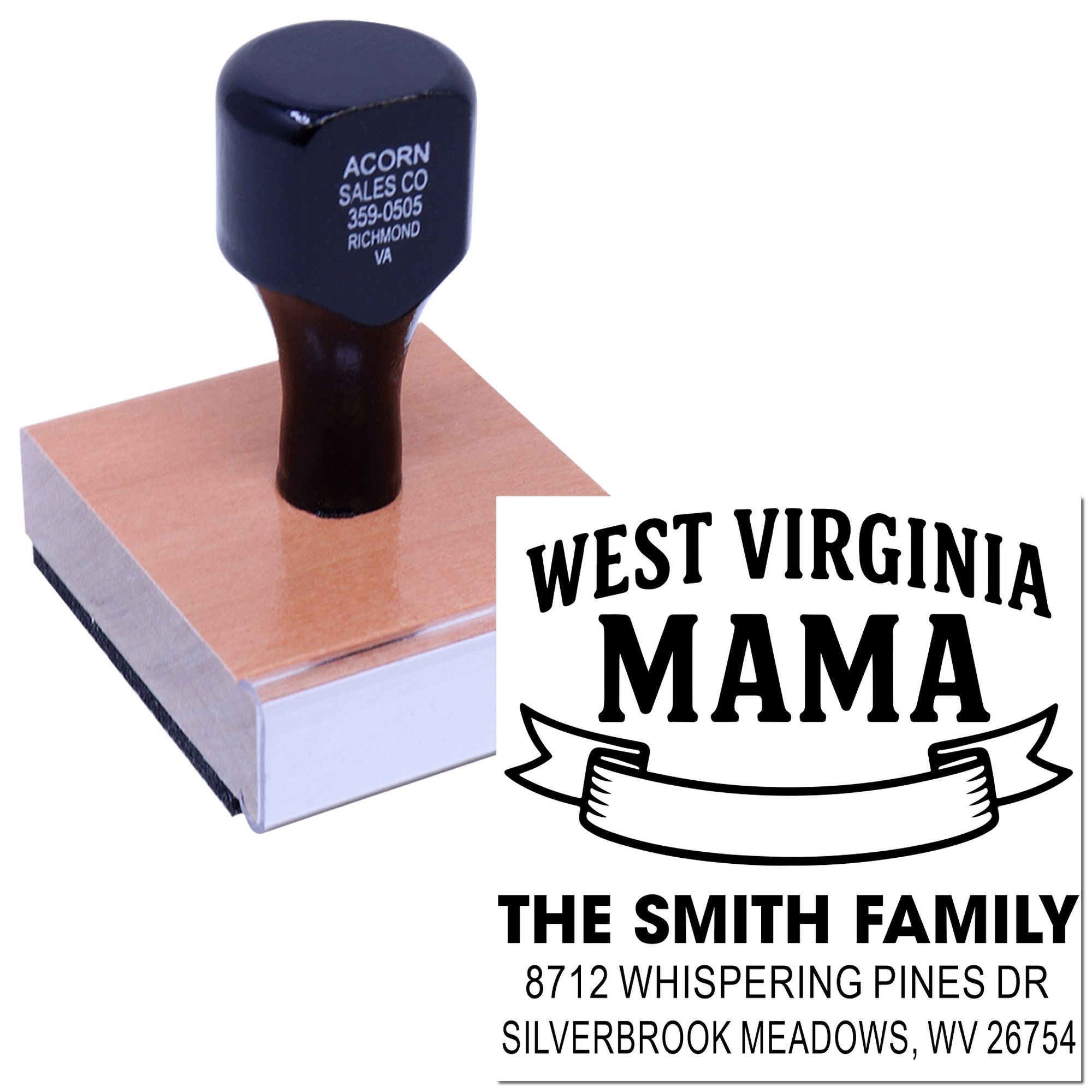 Custom West Virginia Mama address stamp on wooden mount, showing sample imprint for The Smith Family and Silverbrook Meadows, WV.