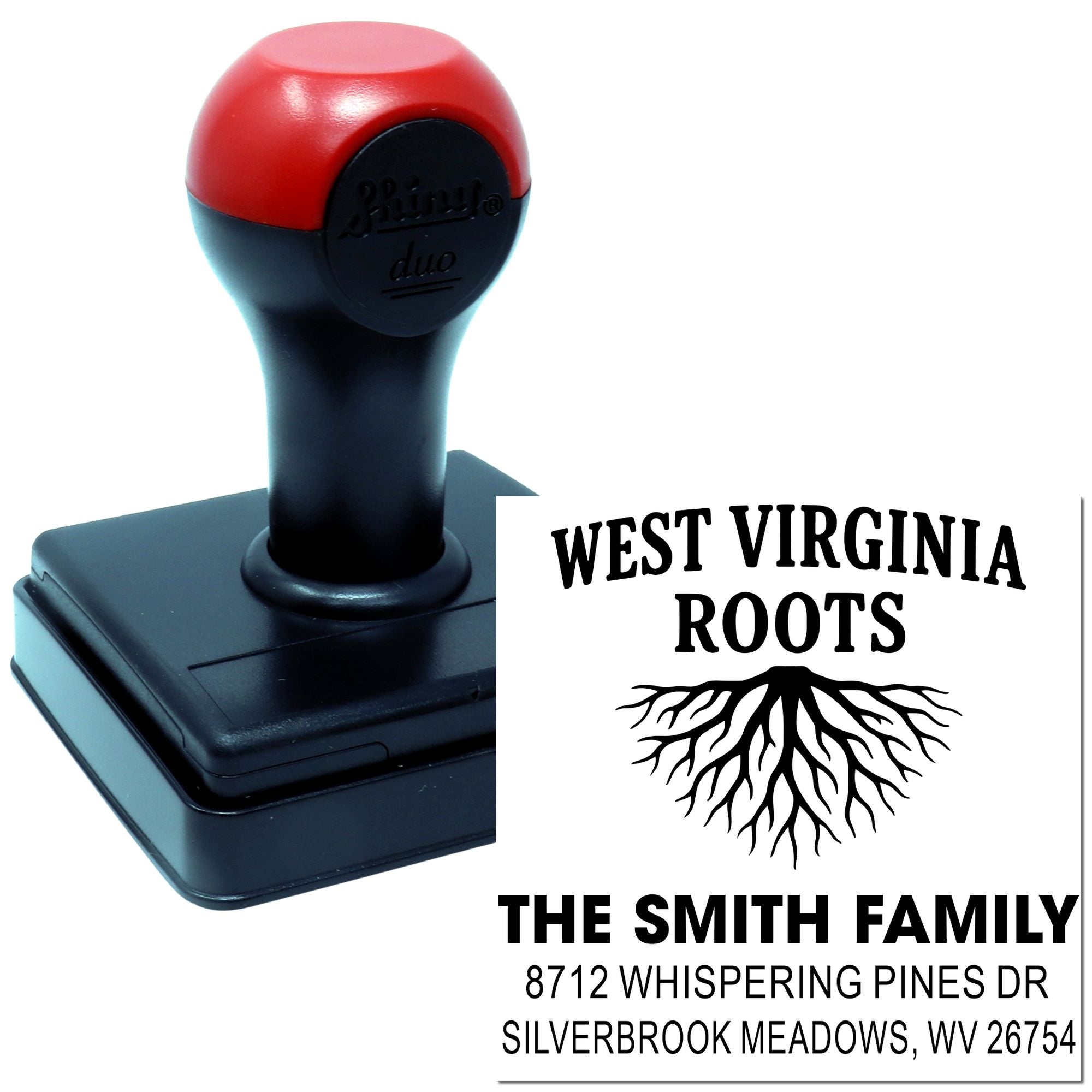 Custom self-inking address stamp with West Virginia Roots, family name, roots graphic, and return address on a black and red stamp holder.