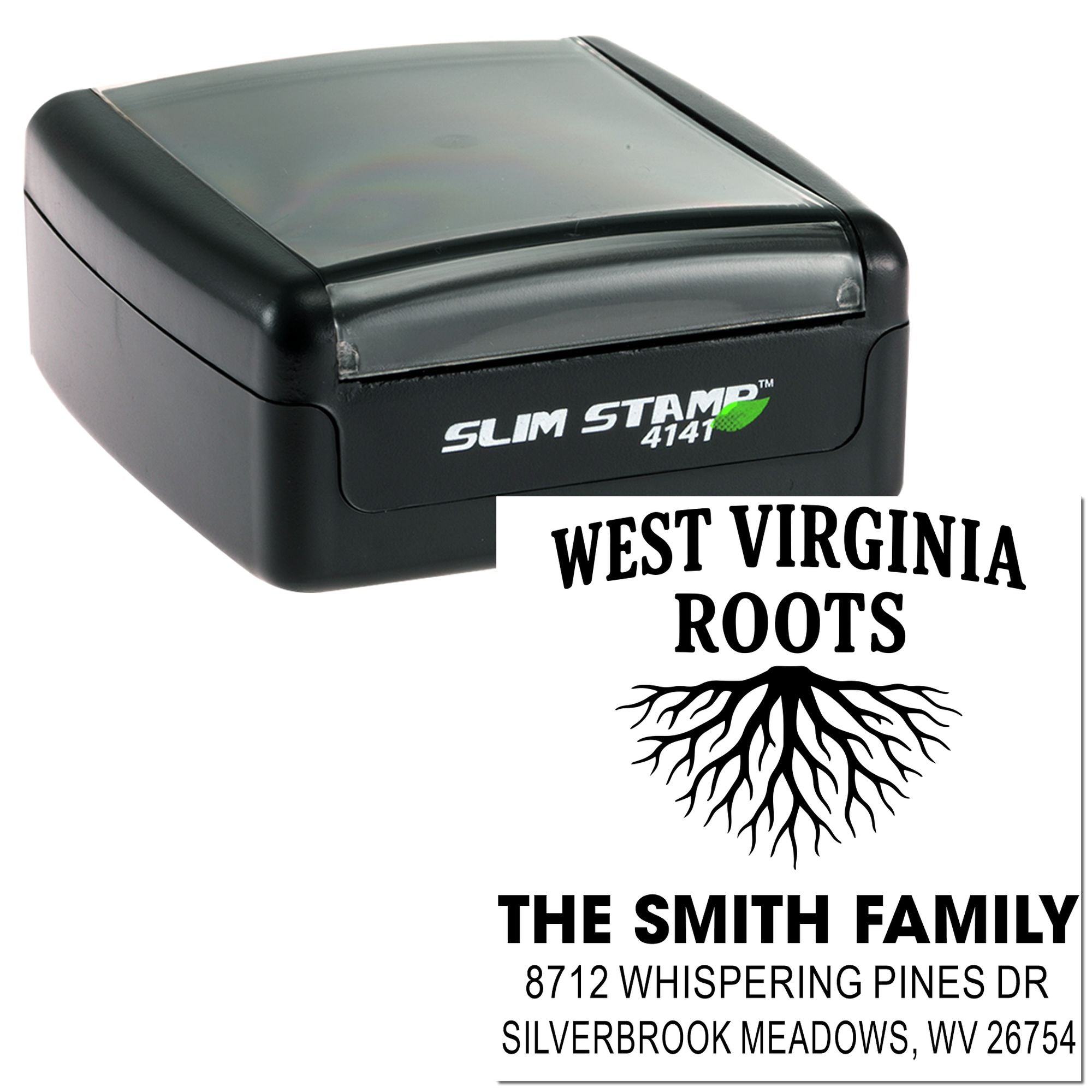 Self-inking address stamp with West Virginia Roots design, family name, tree roots, and Silverbrook Meadows, WV address on white background.