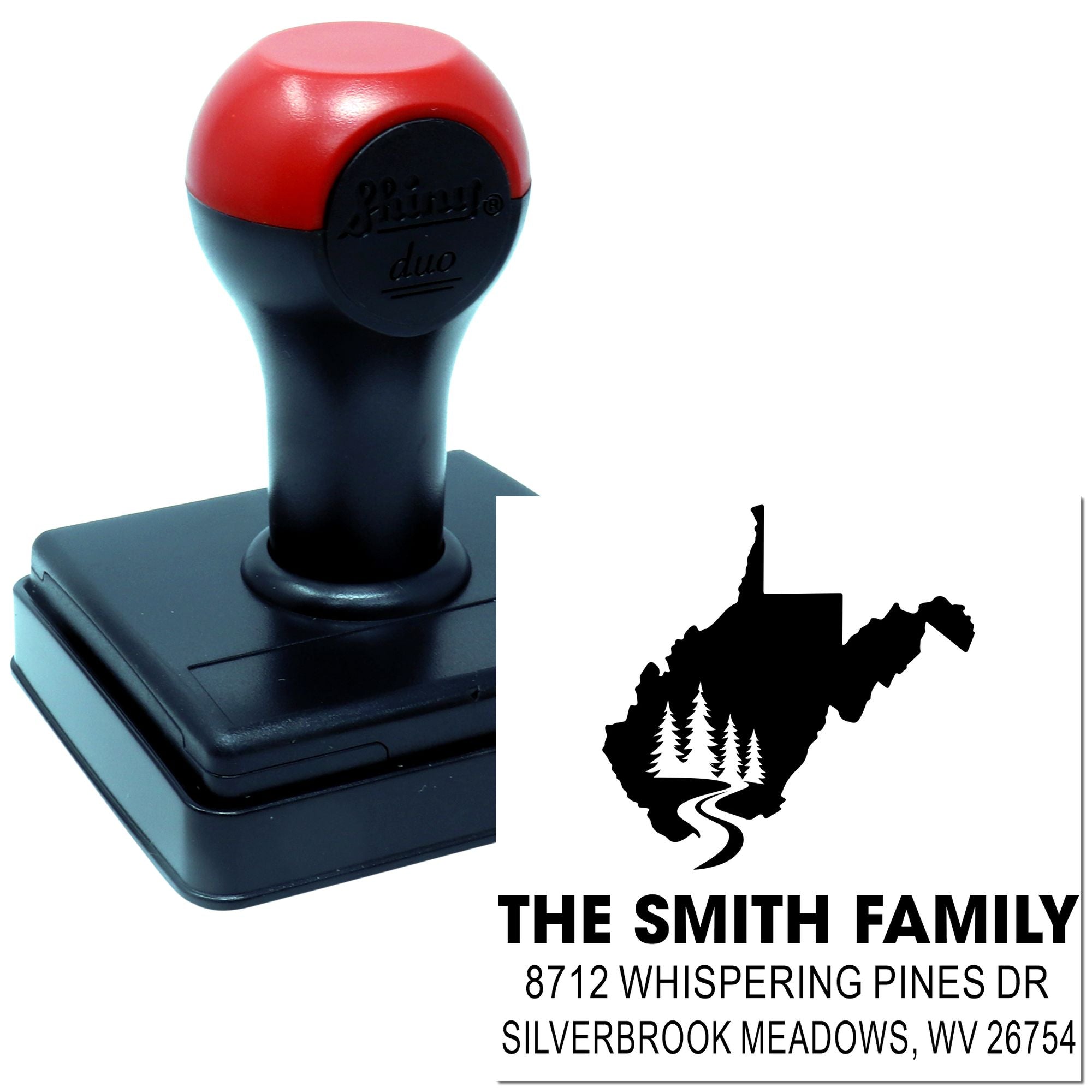 Custom self-inking address stamp with West Virginia silhouette, pine trees, and The Smith Family name and address.