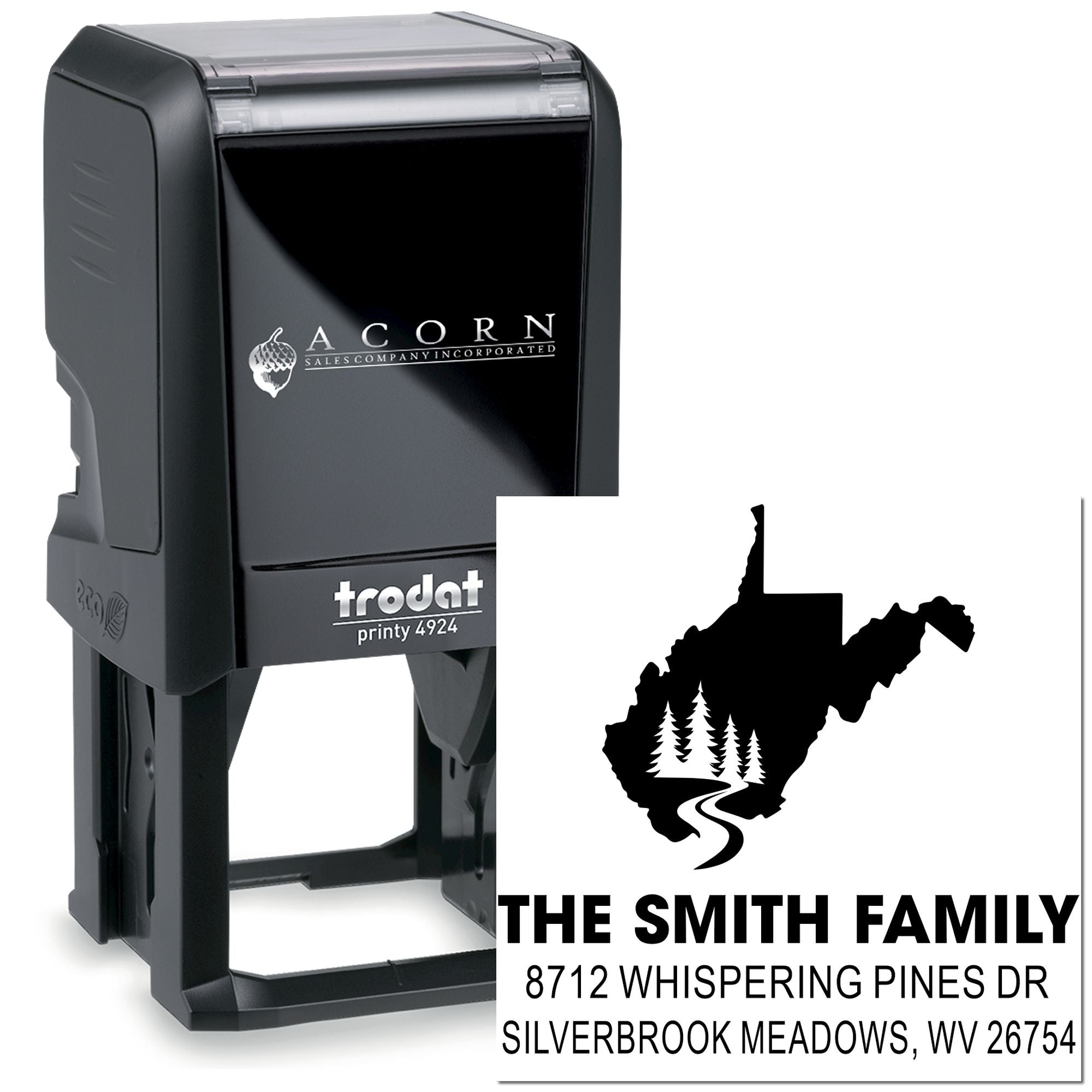 Custom self-inking Trodat address stamp with West Virginia silhouette, family name, and mailing address on a clean white background.