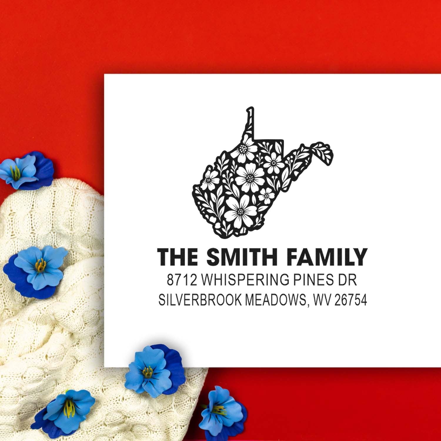 Personalized West Virginia address stamp with floral state silhouette, The Smith Family name and Silverbrook Meadows address on a white card.