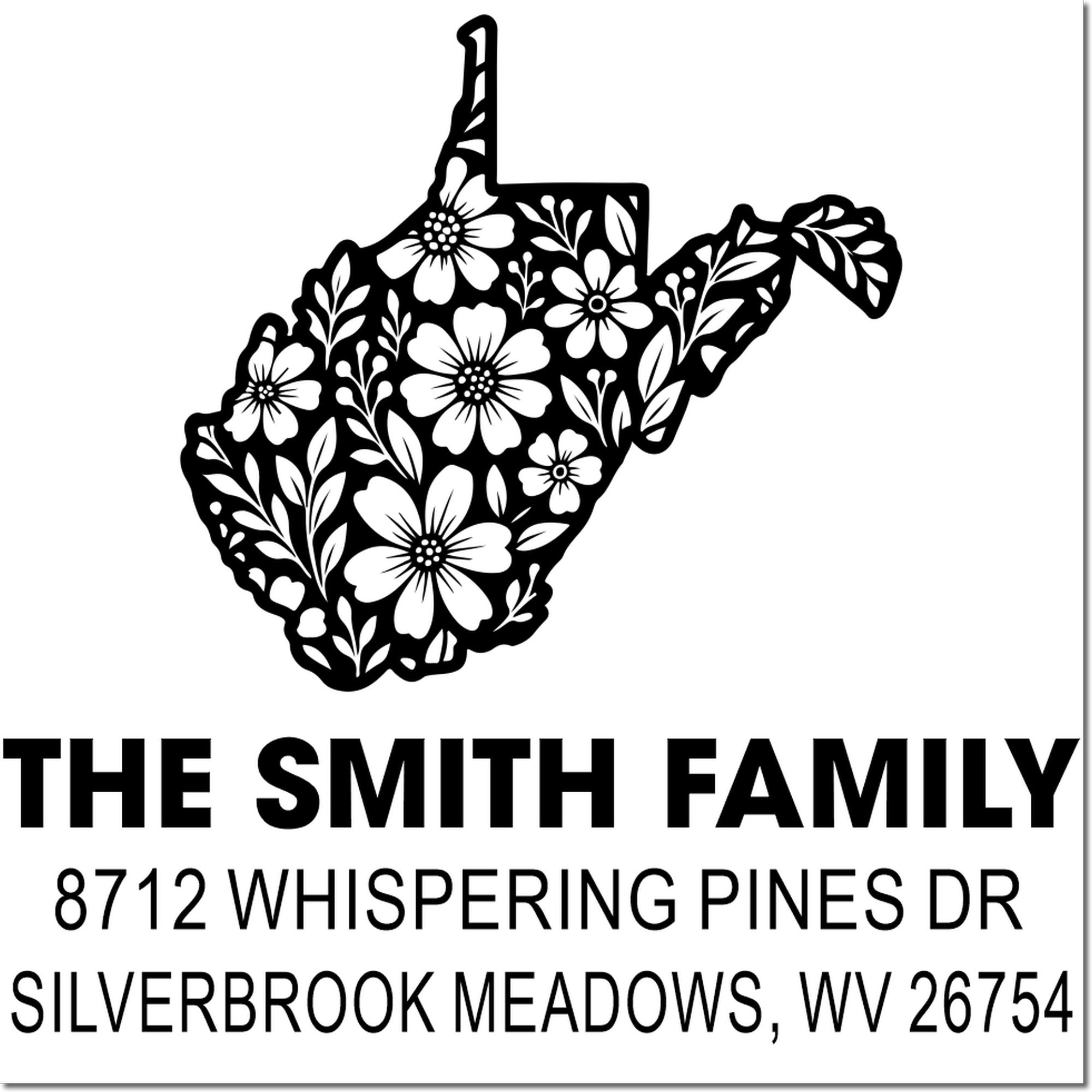 Custom floral West Virginia address stamp for The Smith Family, 8712 Whispering Pines Dr, Silverbrook Meadows, WV 26754.