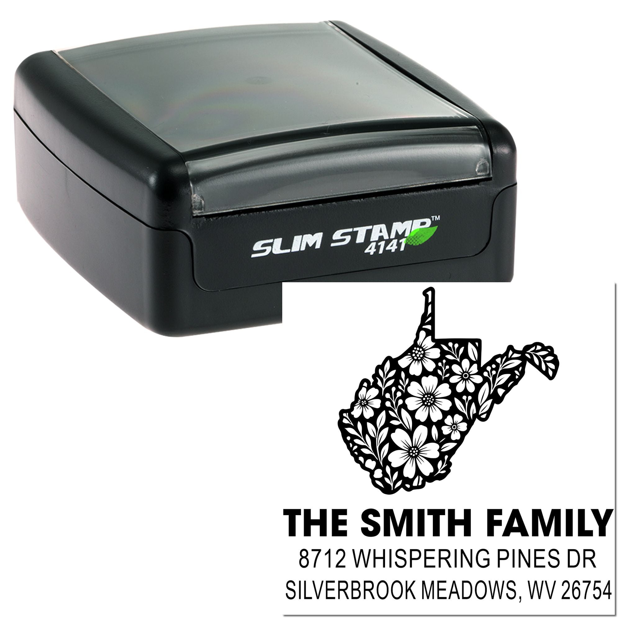 Custom self-inking address stamp with West Virginia floral state design and Smith Family return address on white background.