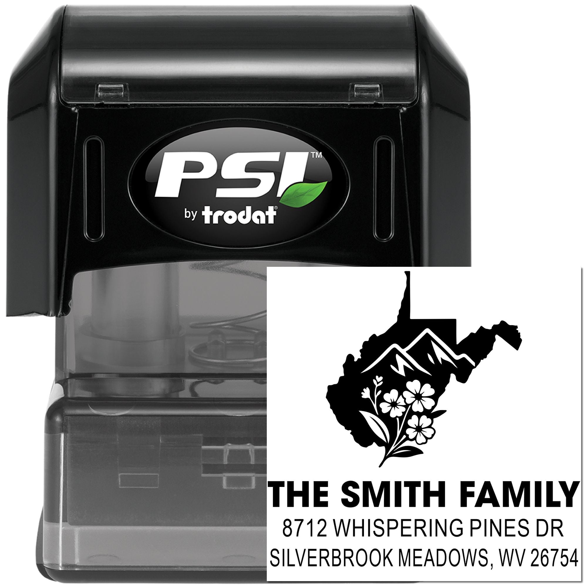 Black PSI by Trodat self-inking address stamp with West Virginia mountain-and-flower design and Smith family mailing address on white background.