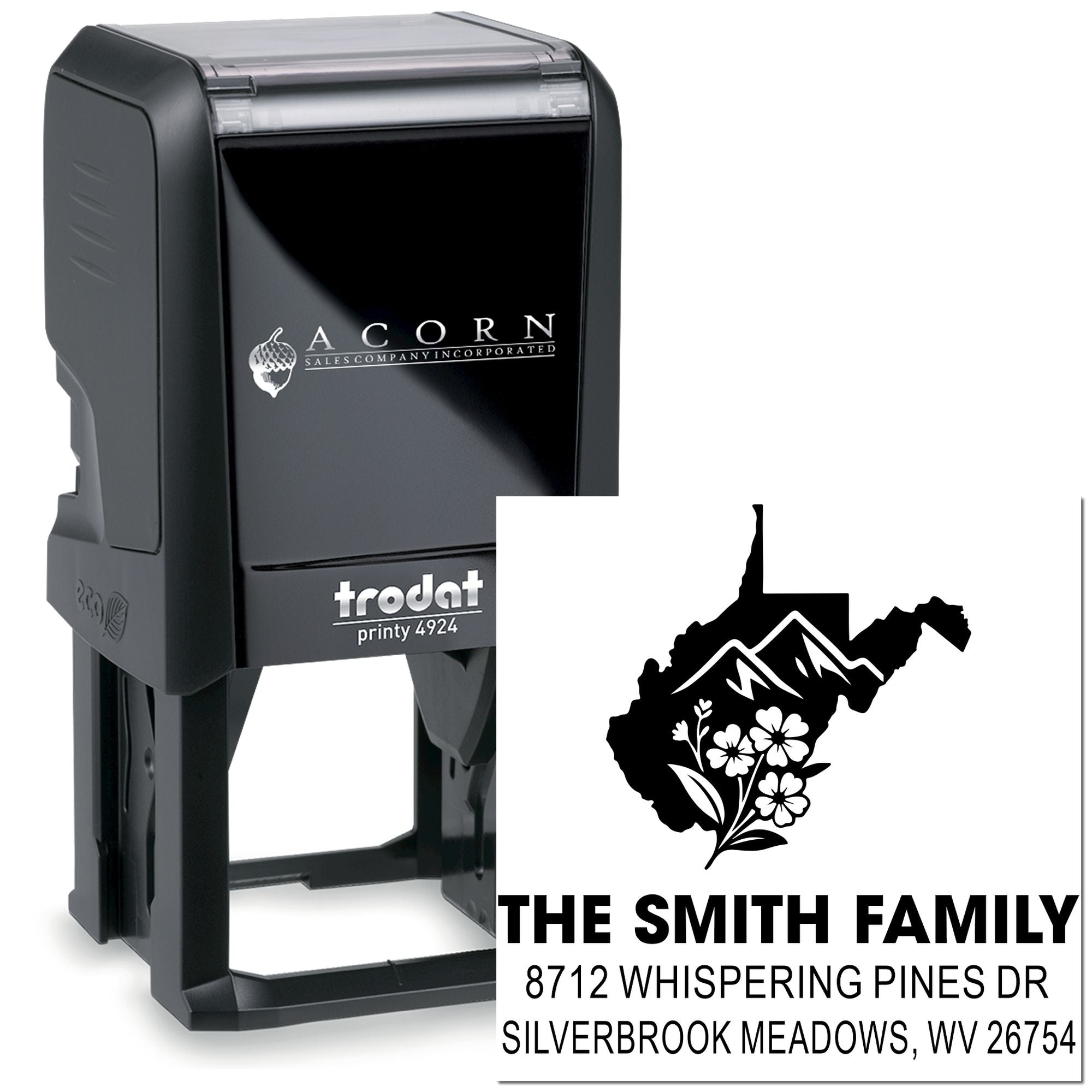 Custom self-inking address stamp with West Virginia state graphic, Smith family name, and mailing address on a white background.