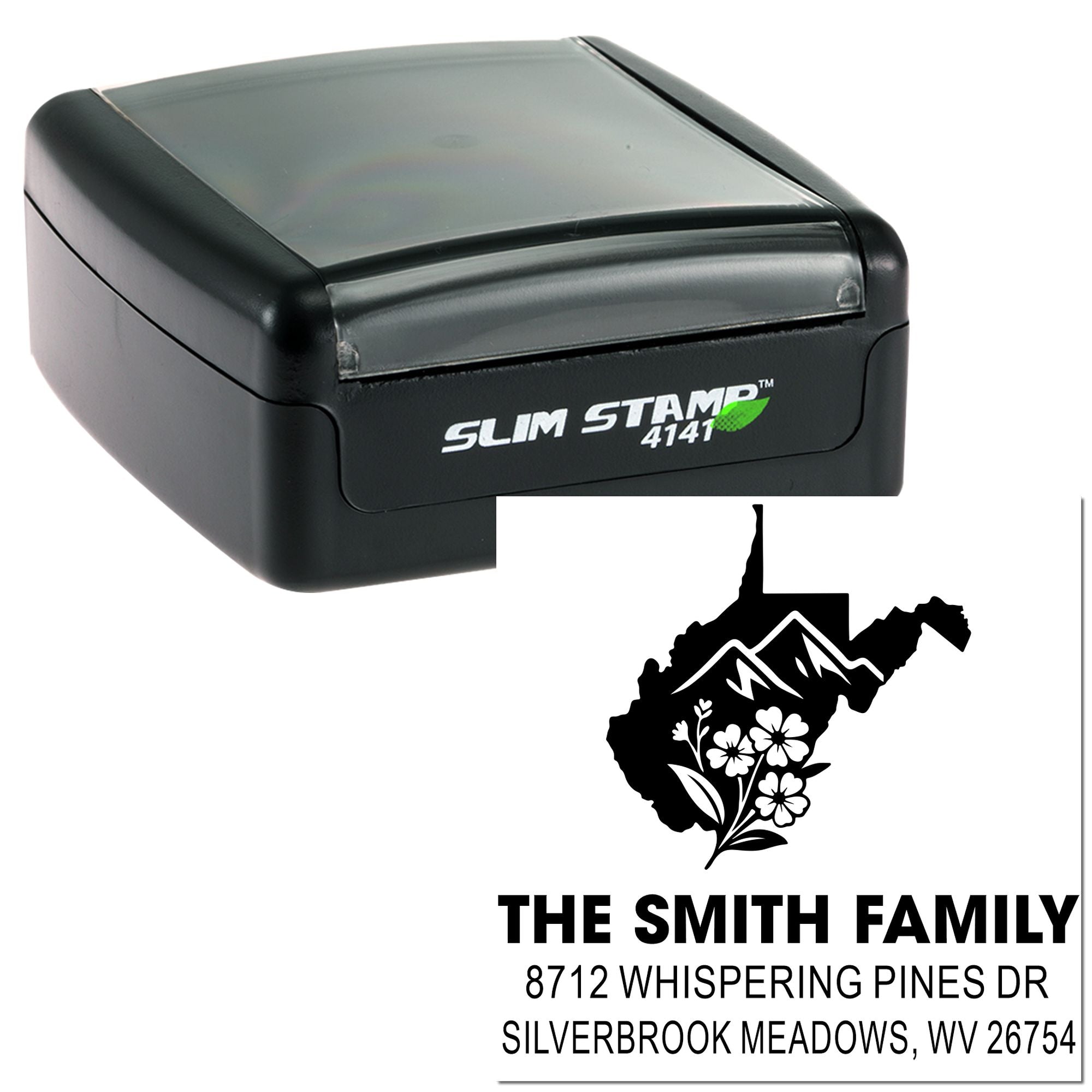 Custom self-inking slim stamp with West Virginia state silhouette, mountain and flower design, and return address for The Smith Family.