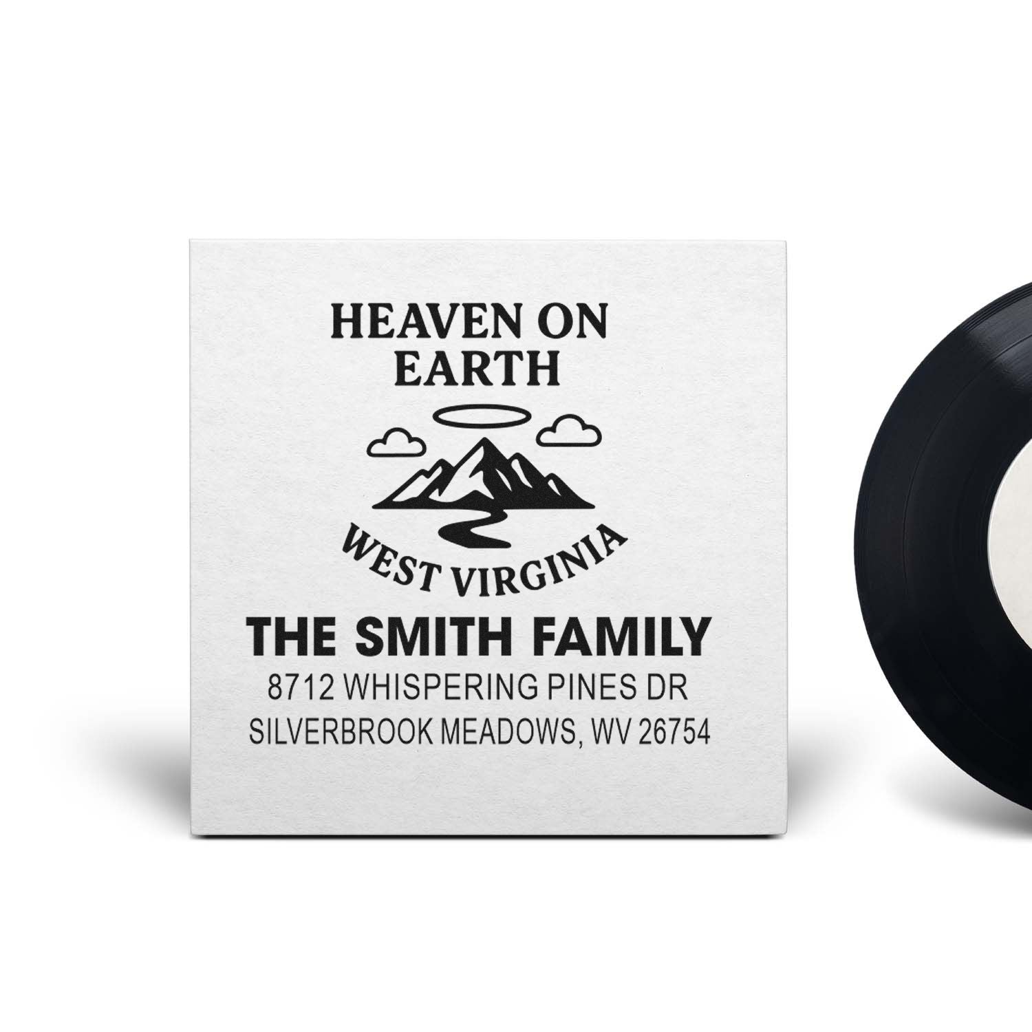 Custom address stamp for The Smith Family, featuring a West Virginia mountain logo, Heaven on Earth text, and Silverbrook Meadows address.
