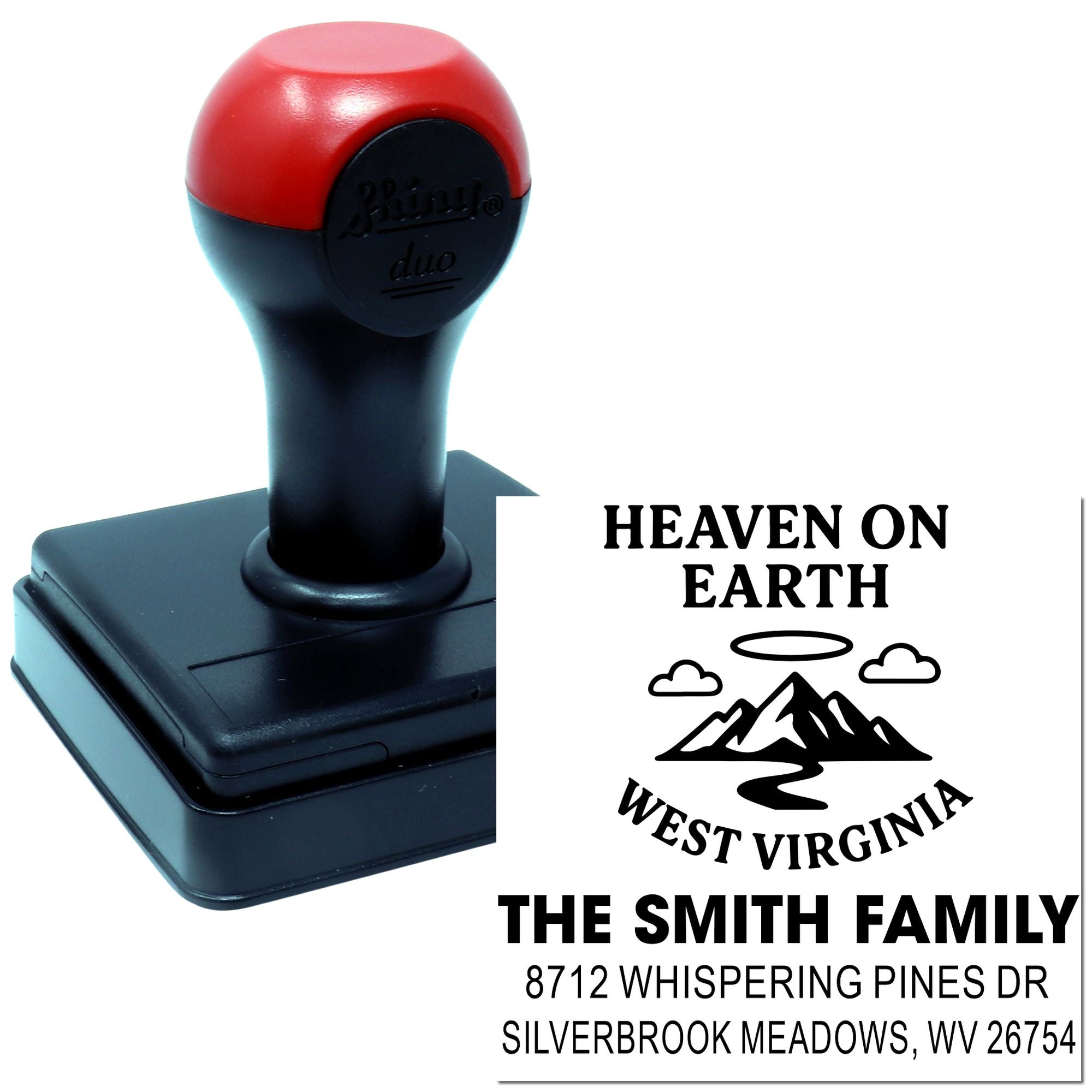 Custom self-inking address stamp on white background, with West Virginia family return-address imprint and mountain logo.