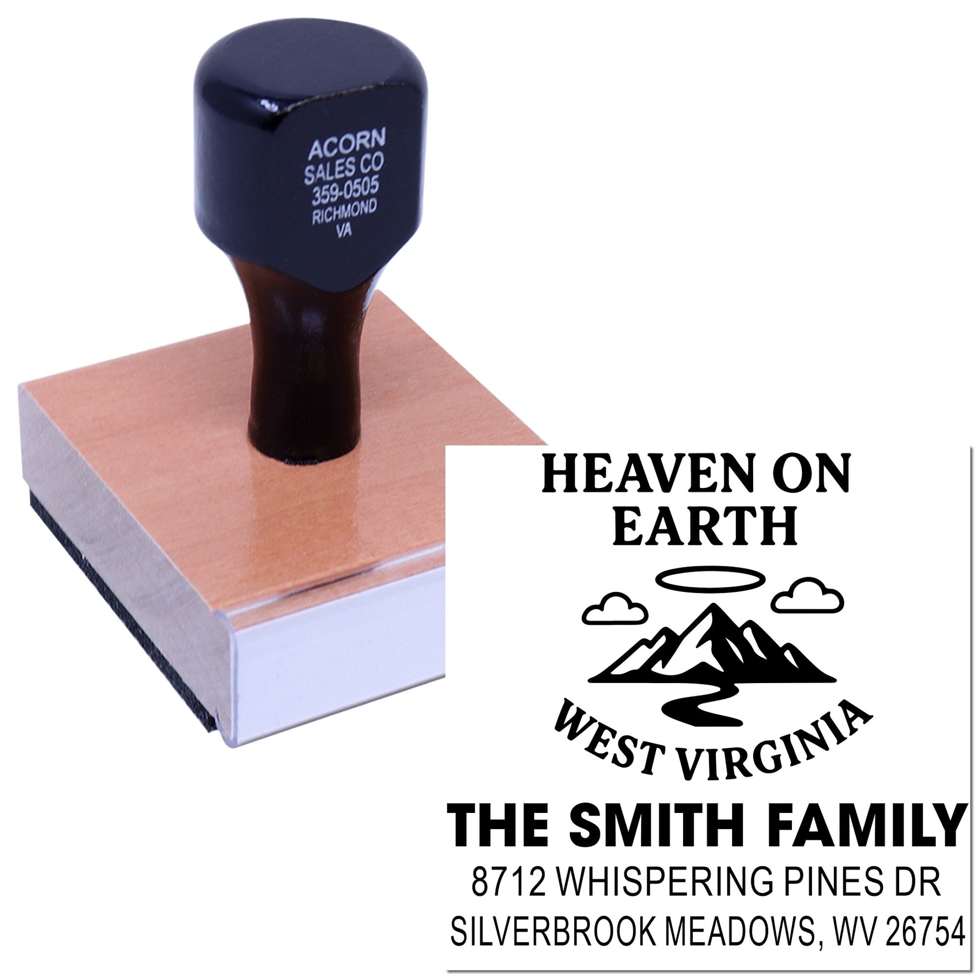 Custom rubber address stamp for The Smith Family, featuring a Heaven on Earth West Virginia mountain design and return address on a white background.