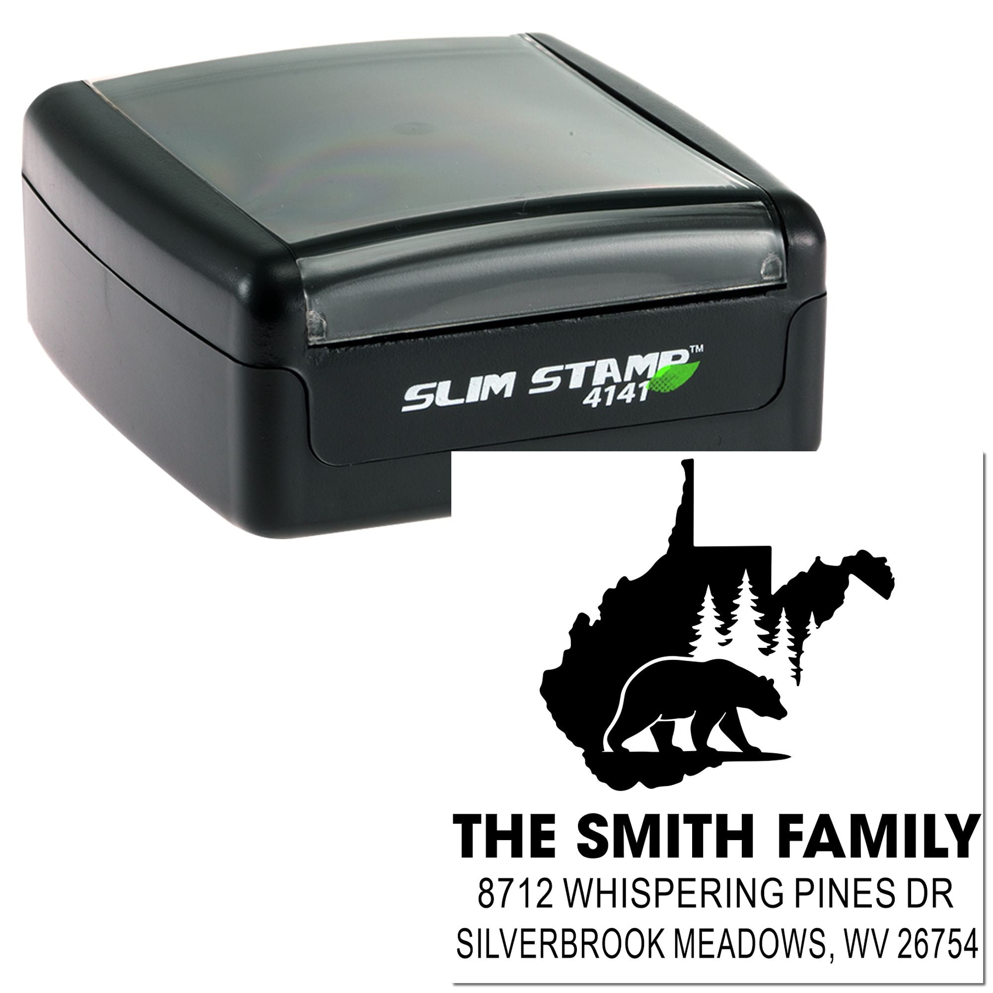 Self-inking Slim Stamp 4141 with custom bear and pine tree address design for The Smith Family, featuring West Virginia mailing address.