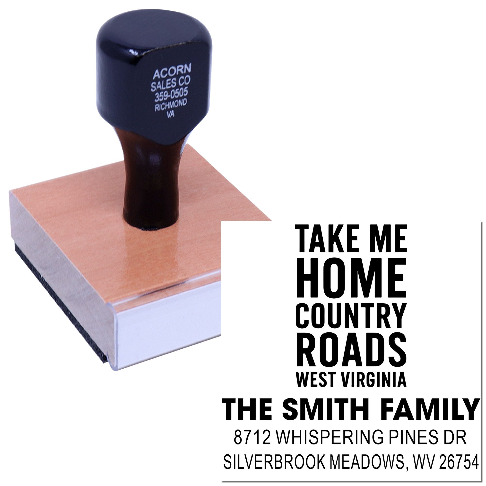 Custom self-inking address stamp on white background, featuring a West Virginia Take Me Home Country Roads Smith family return address.