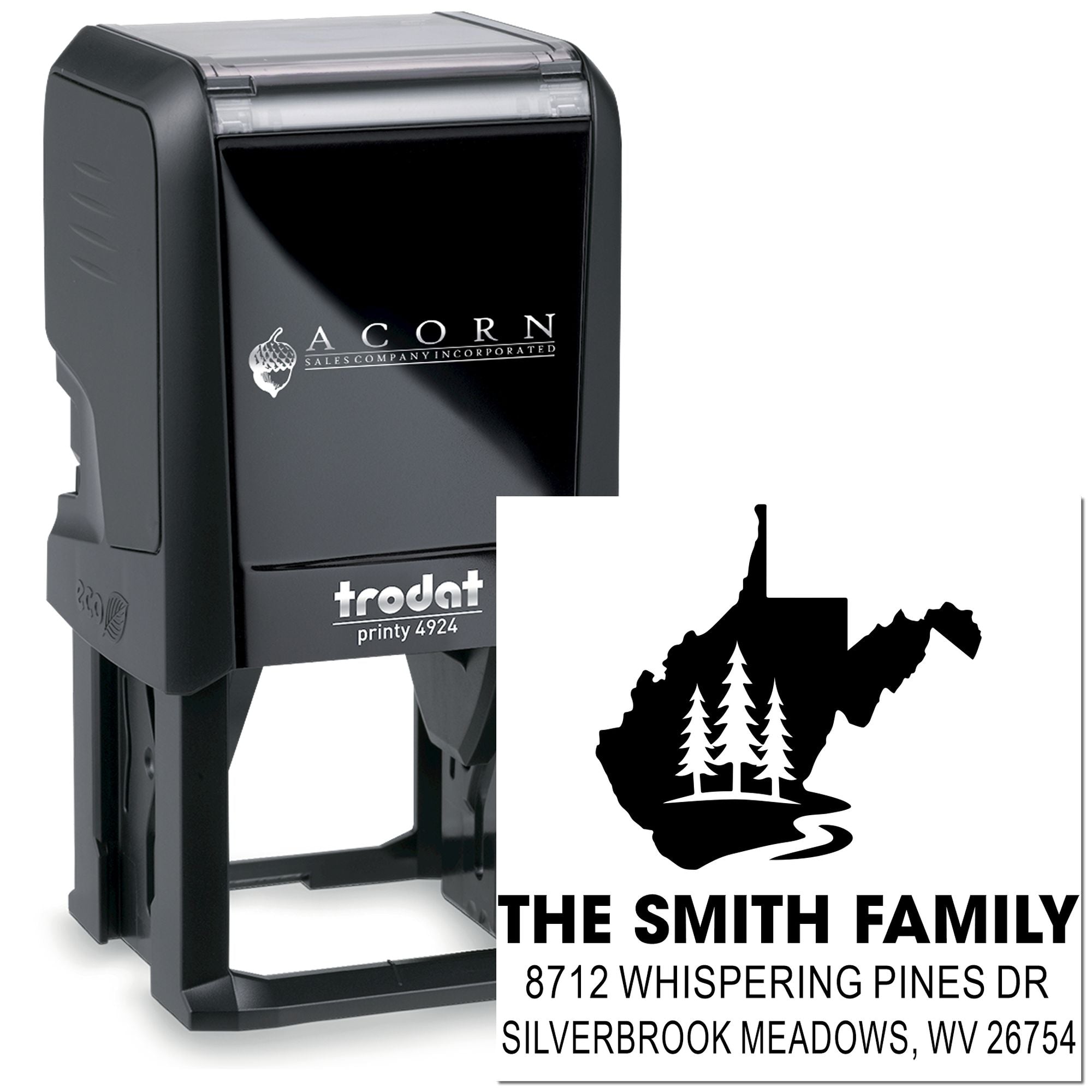 Custom self-inking address stamp, Trodat Printy, with West Virginia silhouette, pine trees, The Smith Family name and address on a white background.
