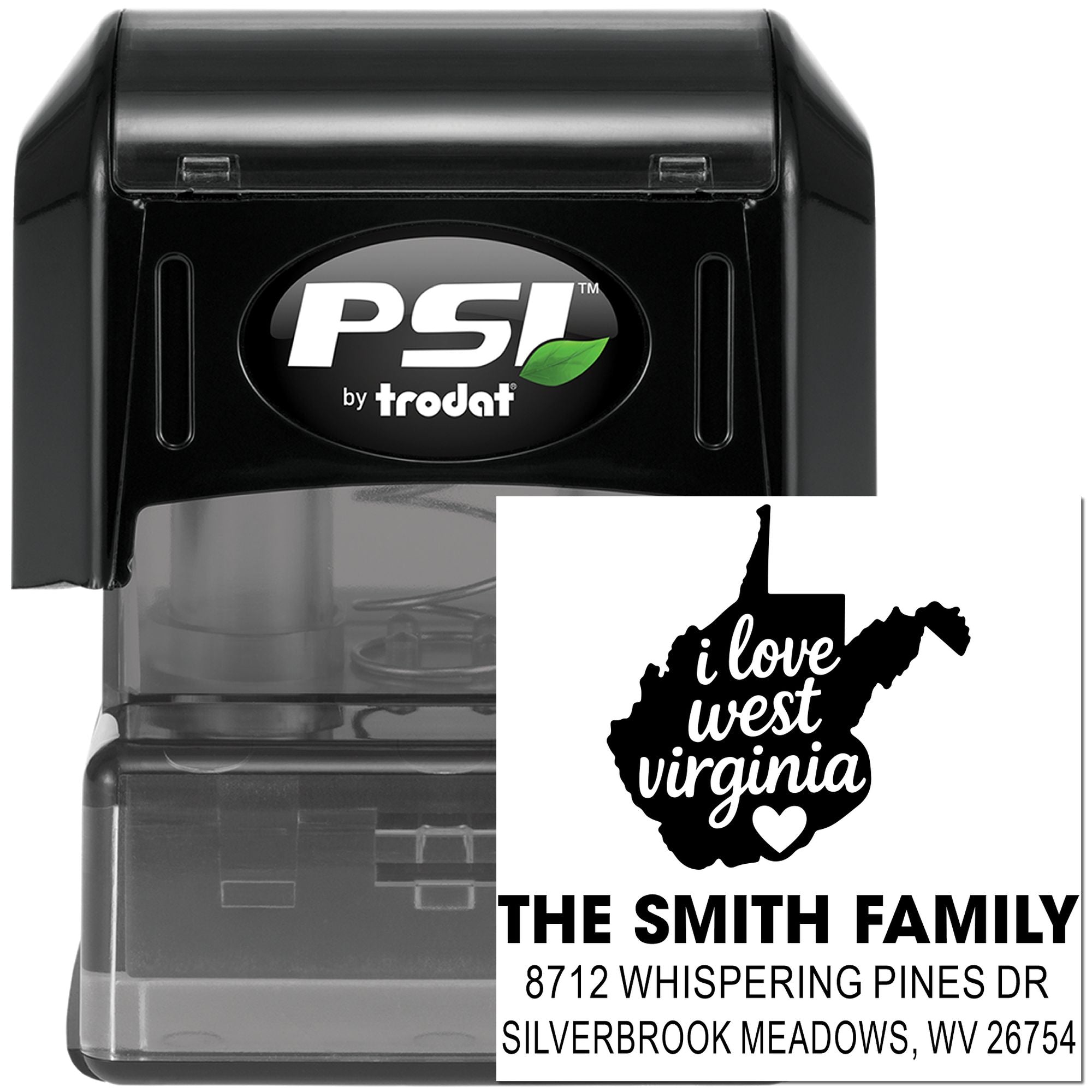 Custom self-inking PSI Trodat address stamp with West Virginia heart design, The Smith Family, and Silverbrook Meadows, WV address.