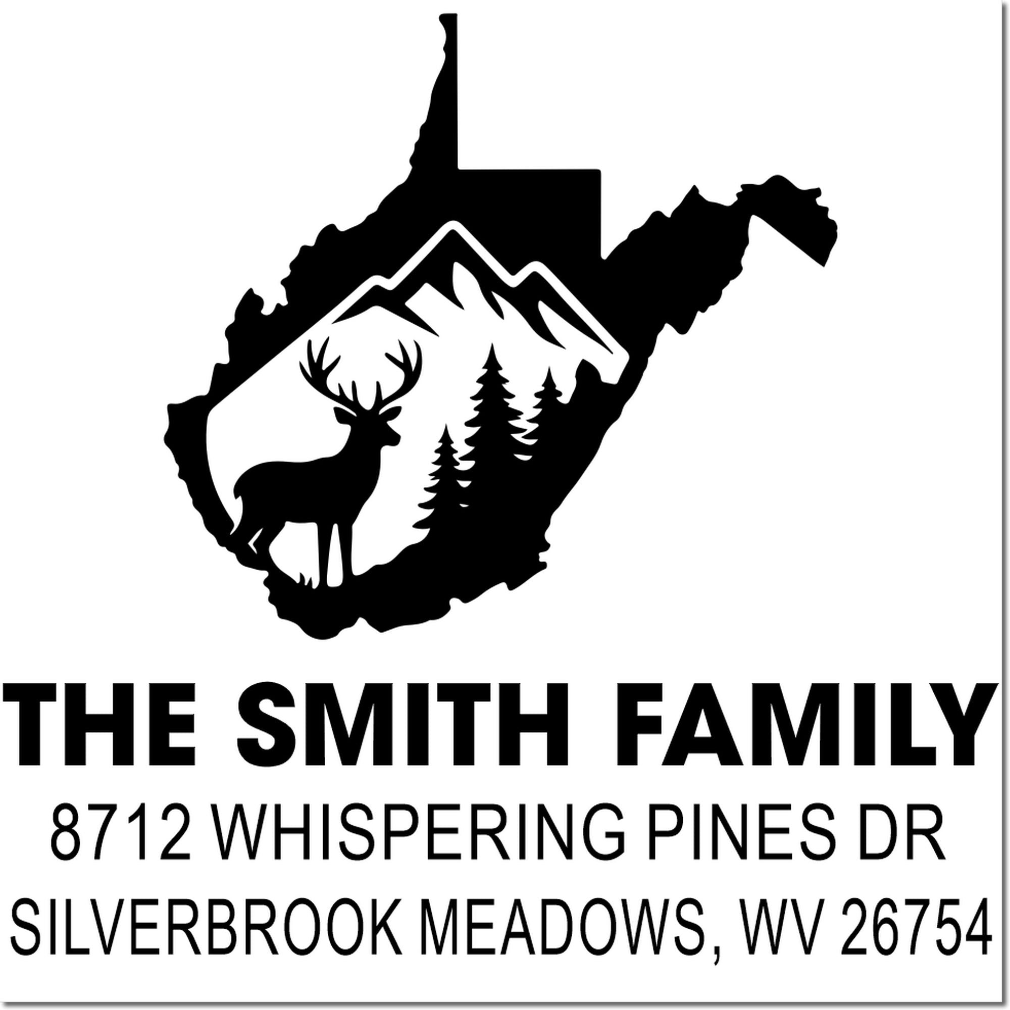 Custom West Virginia family address stamp with deer, pine trees and mountains, reading The Smith Family, 8712 Whispering Pines Dr, Silverbrook Meadows, WV 26754.