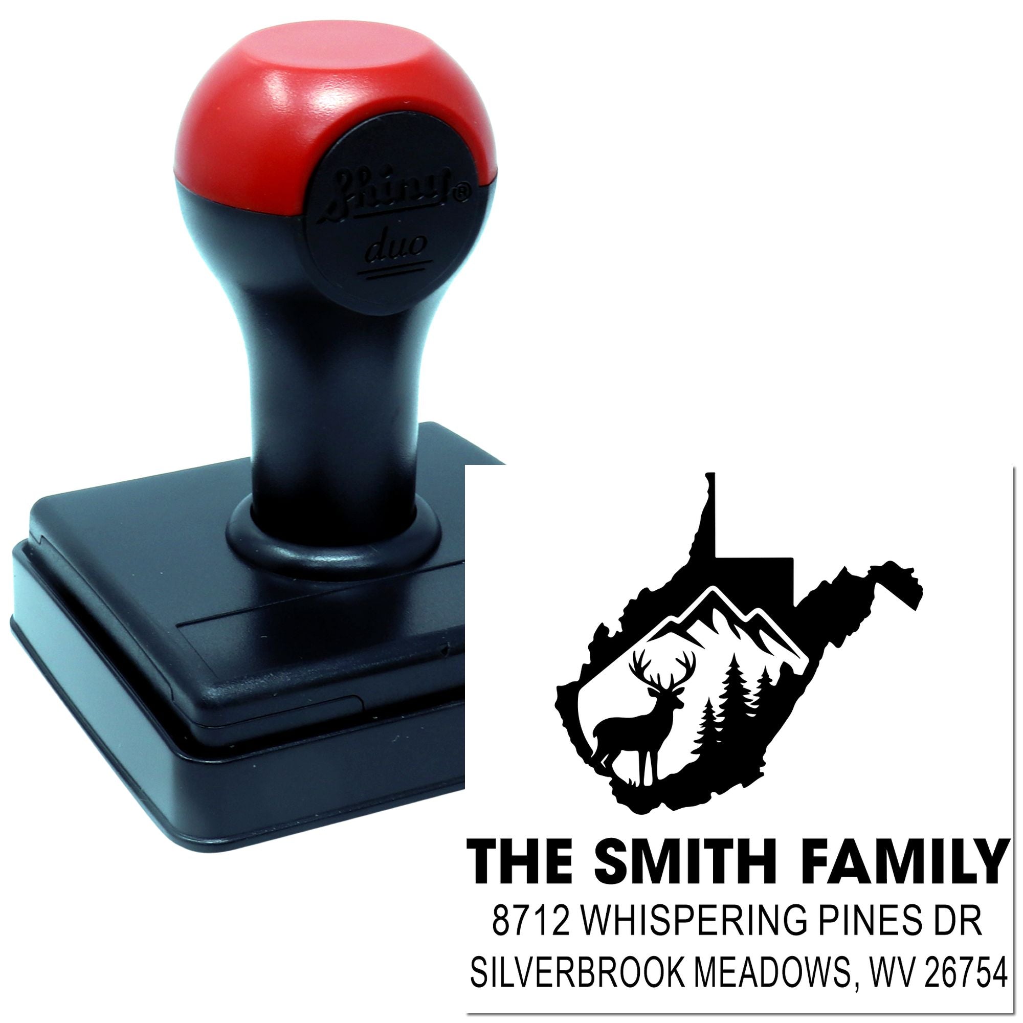 Custom self-inking address stamp featuring The Smith Family, West Virginia deer logo, and home address on a white background.