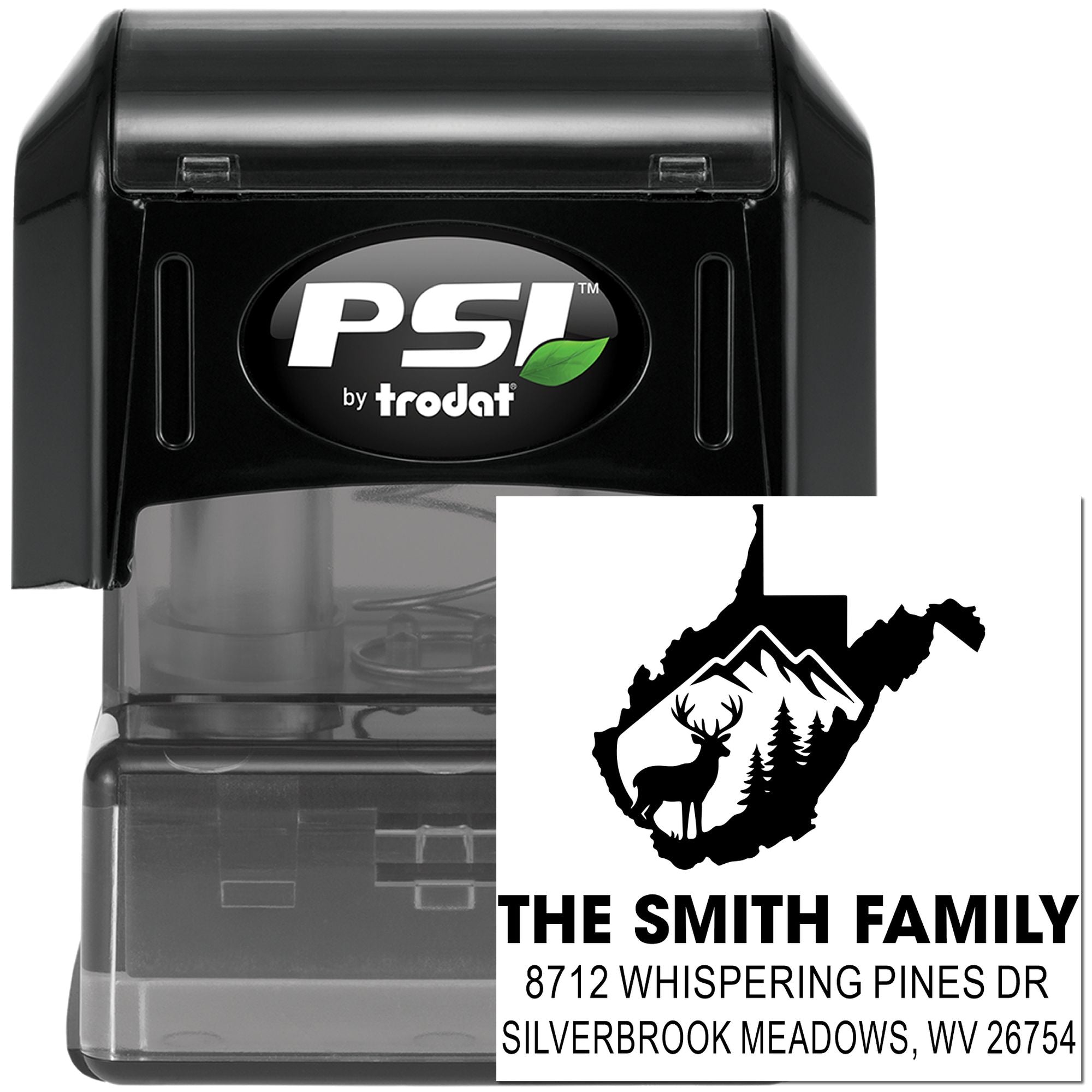 Custom PSI by Trodat self-inking address stamp with West Virginia deer, mountains and pine tree family return-address design on white background.