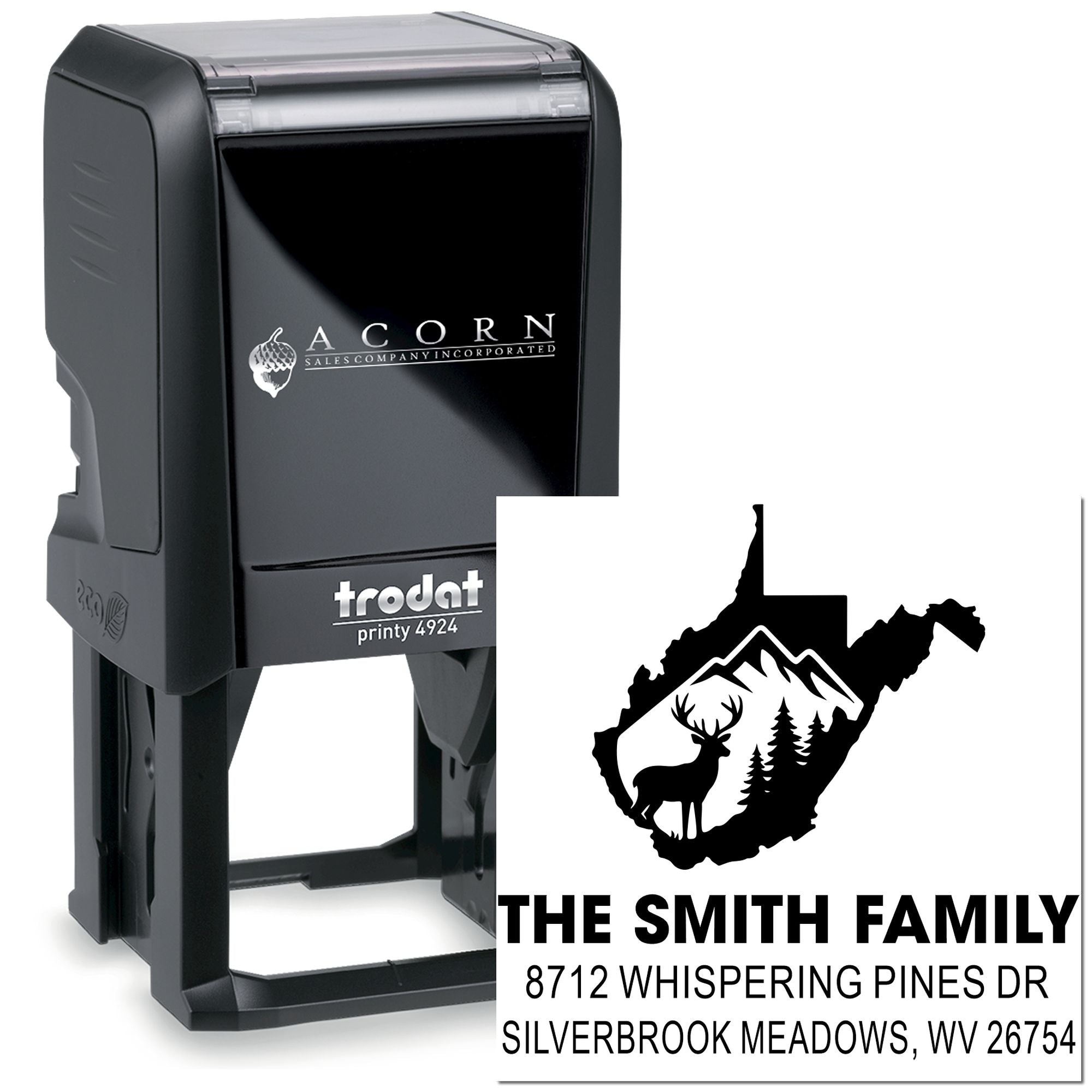 Custom self-inking address stamp with West Virginia deer silhouette, family name, and mailing address on a white background.