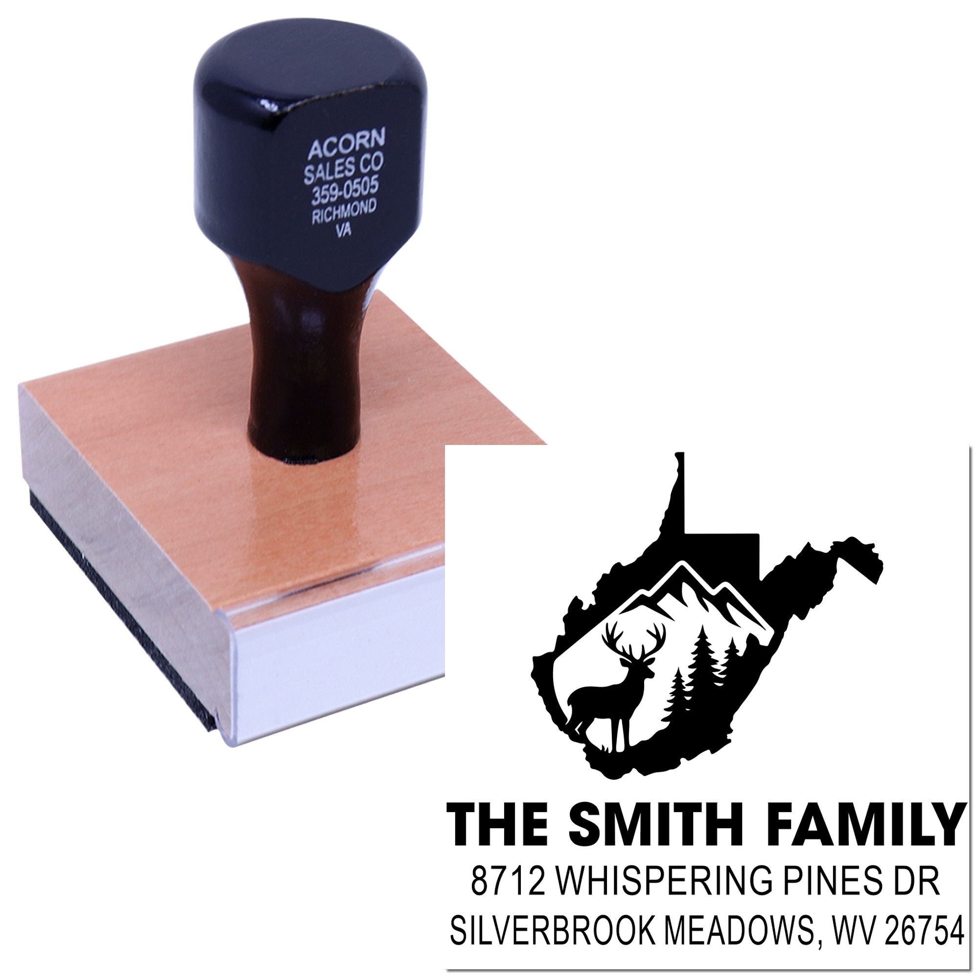 Custom self-inking address stamp on ink pad, showing a West Virginia wildlife design and The Smith Family name and address imprint.