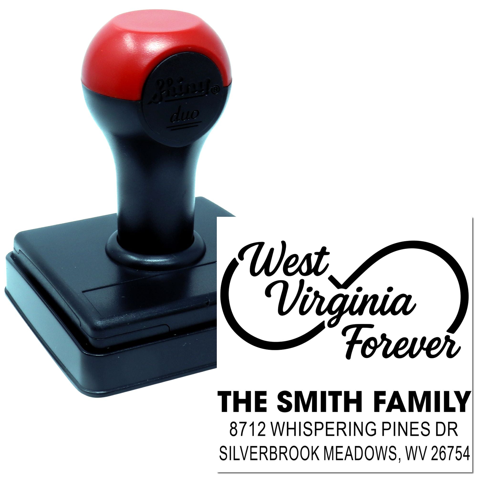 Custom self-inking address stamp with West Virginia Forever design and The Smith Family return address on a white background.