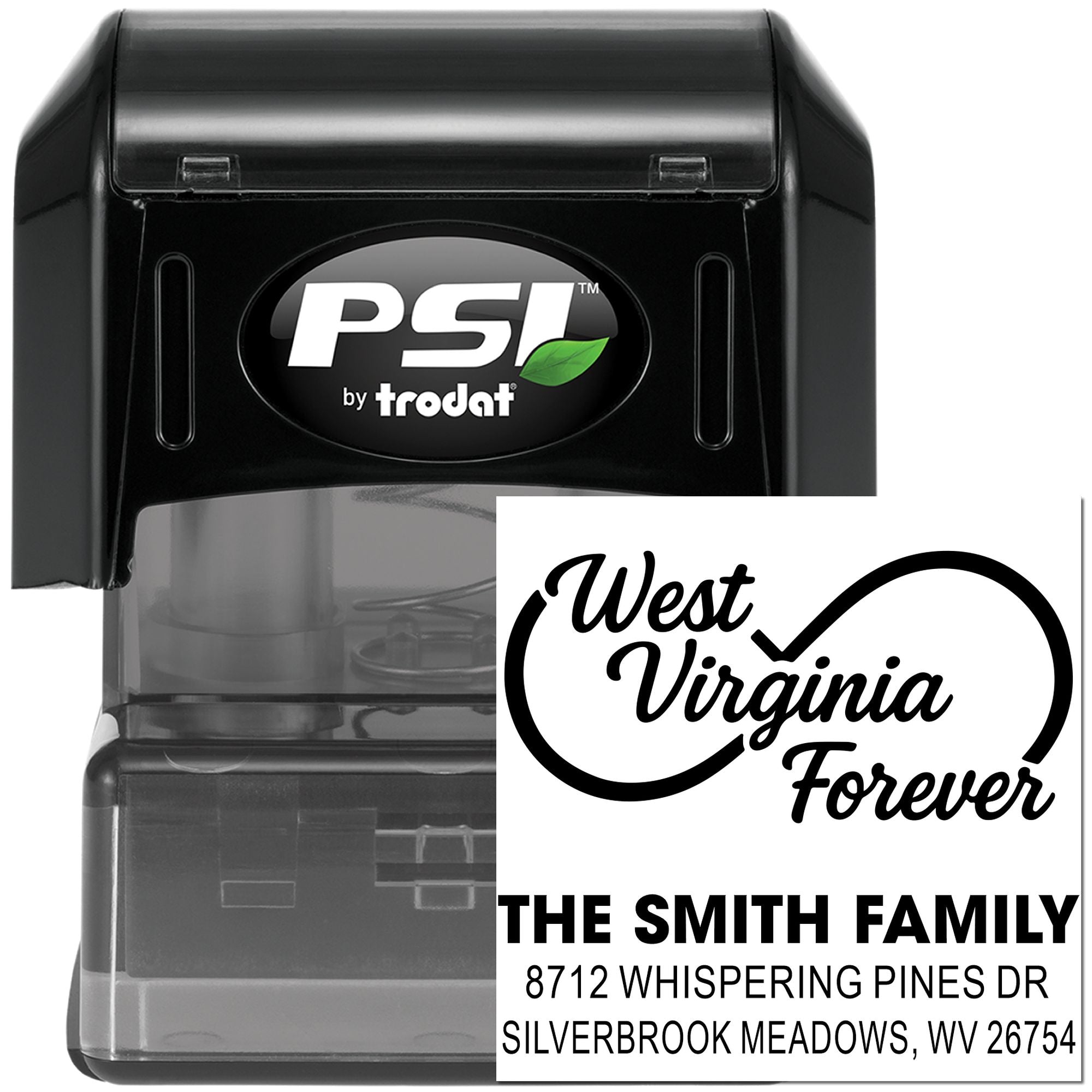 Black PSI by Trodat self-inking address stamp with West Virginia Forever custom design and The Smith Family return address imprint on white background.