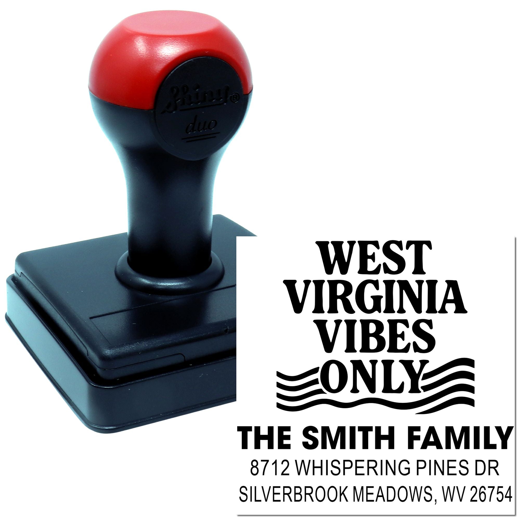 Custom self-inking stamp with red-and-black handle beside a sample imprint reading West Virginia Vibes Only with family name and address.